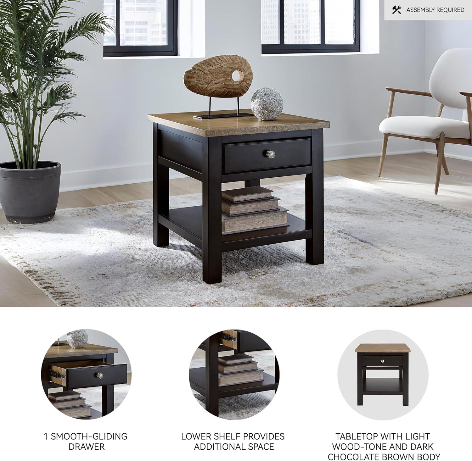 imageSignature Design by Ashley Bolanburg Farmhouse Rectangular End Table Plank Style Top Drawer Wood 24quot W x 27quot D x 25quot H 2tone Finish Antique CreamLight Brown Black