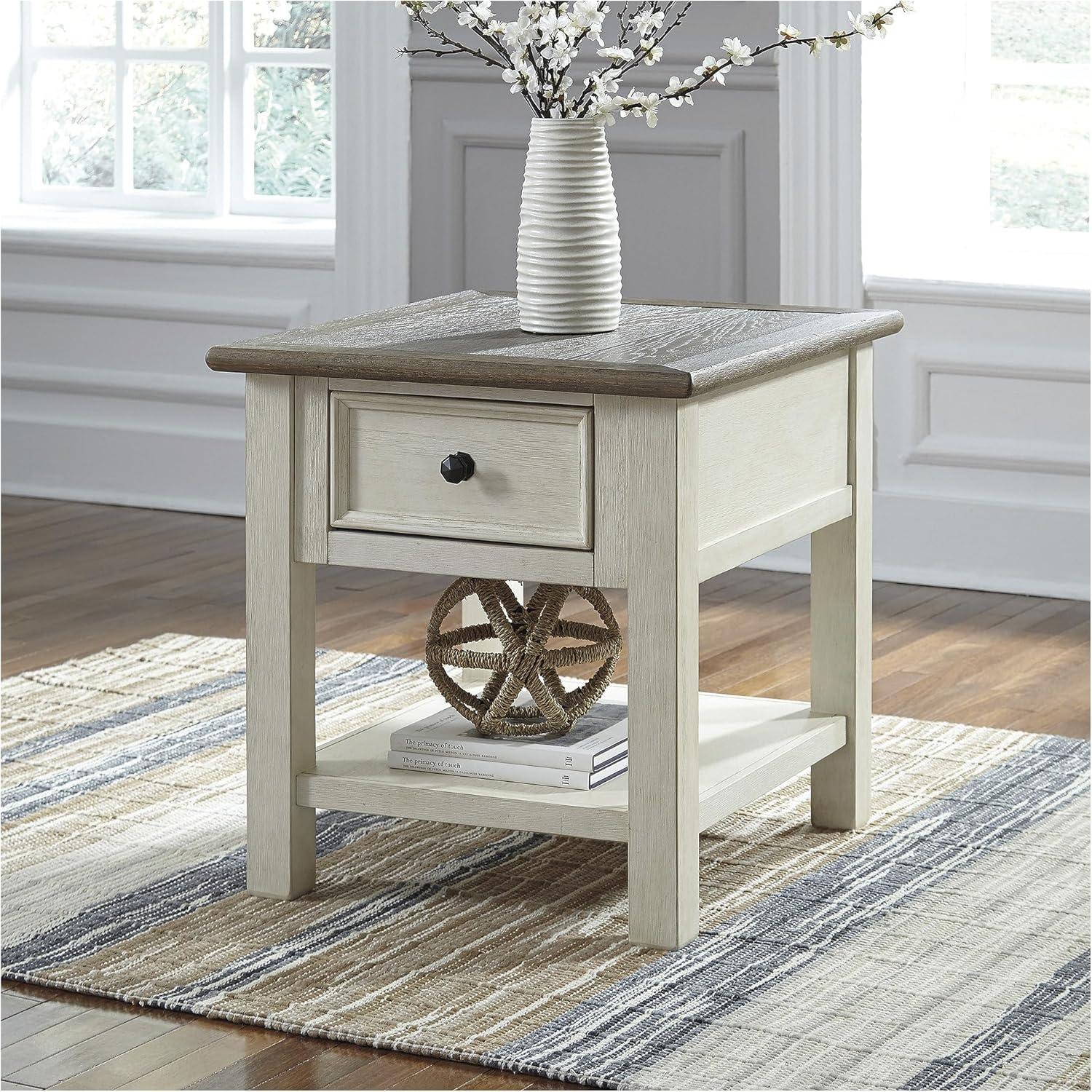 imageSignature Design by Ashley Bolanburg Farmhouse Rectangular End Table Plank Style Top Drawer Wood 24quot W x 27quot D x 25quot H 2tone Finish Antique CreamWhitewash