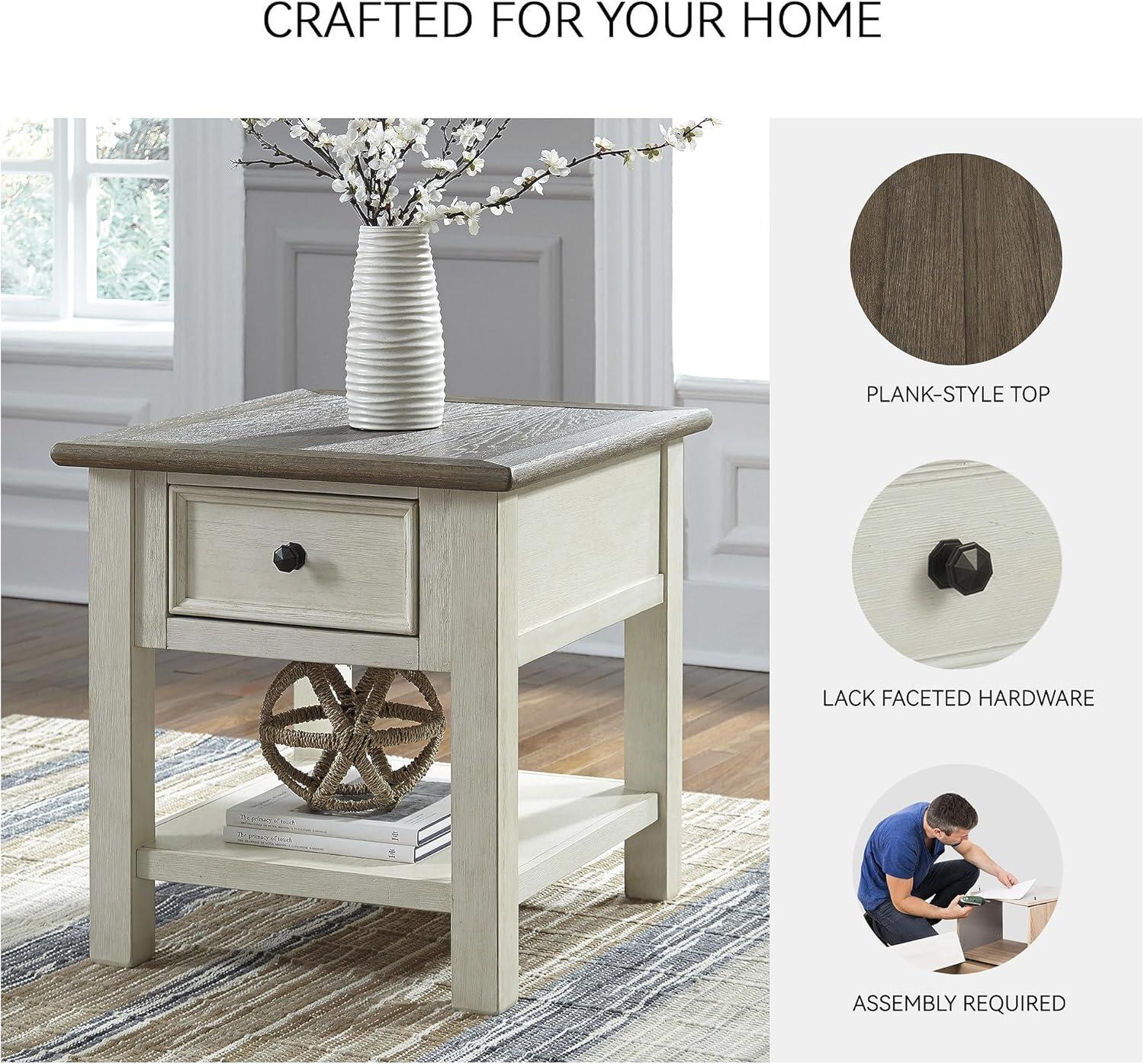 imageSignature Design by Ashley Bolanburg Farmhouse Rectangular End Table Plank Style Top Drawer Wood 24quot W x 27quot D x 25quot H 2tone Finish Antique CreamWhitewash
