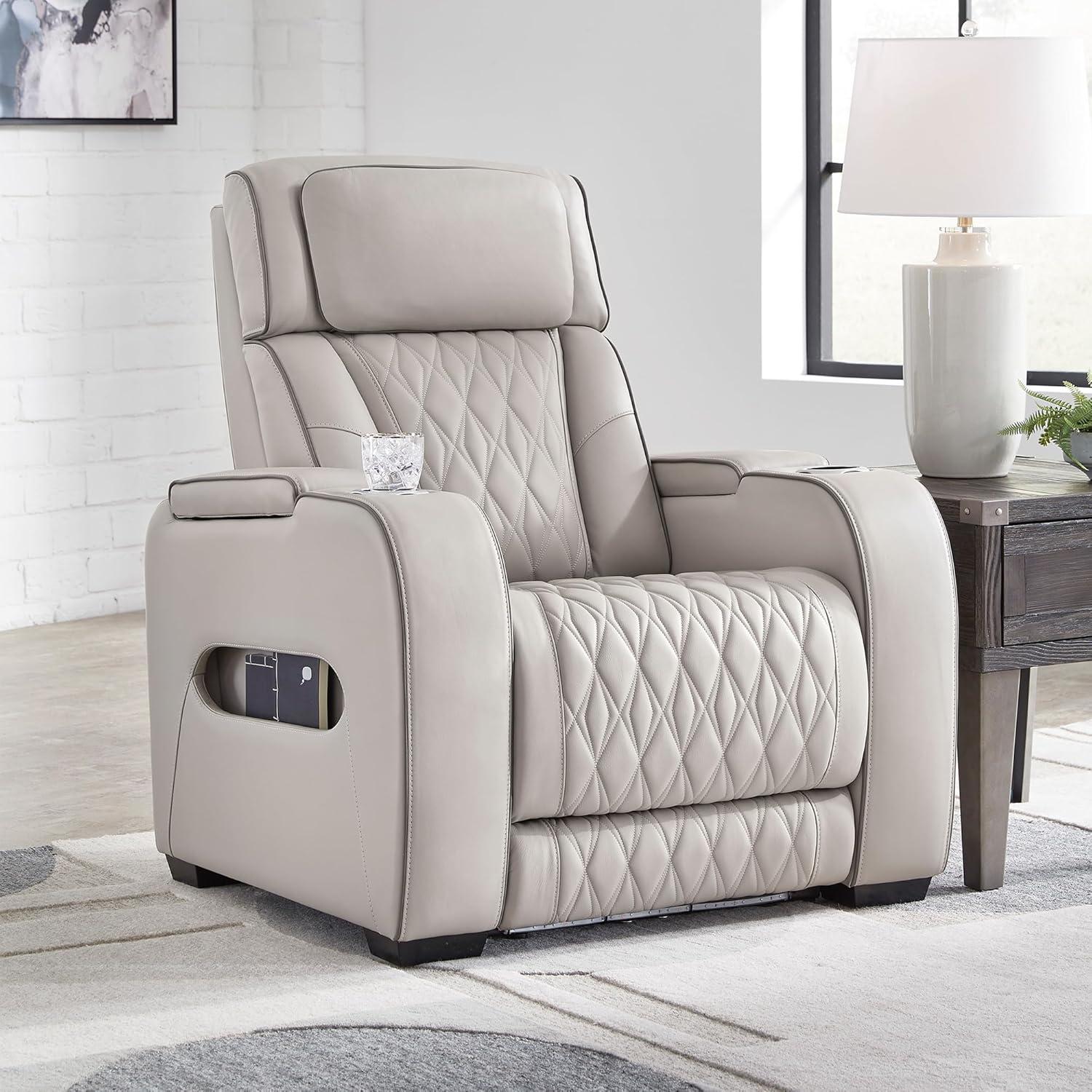 imageSignature Design by Ashley Boyington Contemporary Leather Match Power Recliner with Adjustable Headrest Cup Holders USB Port and Air Massage System BlackLight Gray