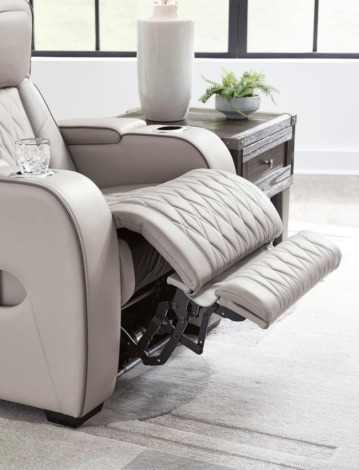 imageSignature Design by Ashley Boyington Contemporary Leather Match Power Recliner with Adjustable Headrest Cup Holders USB Port and Air Massage System BlackLight Gray