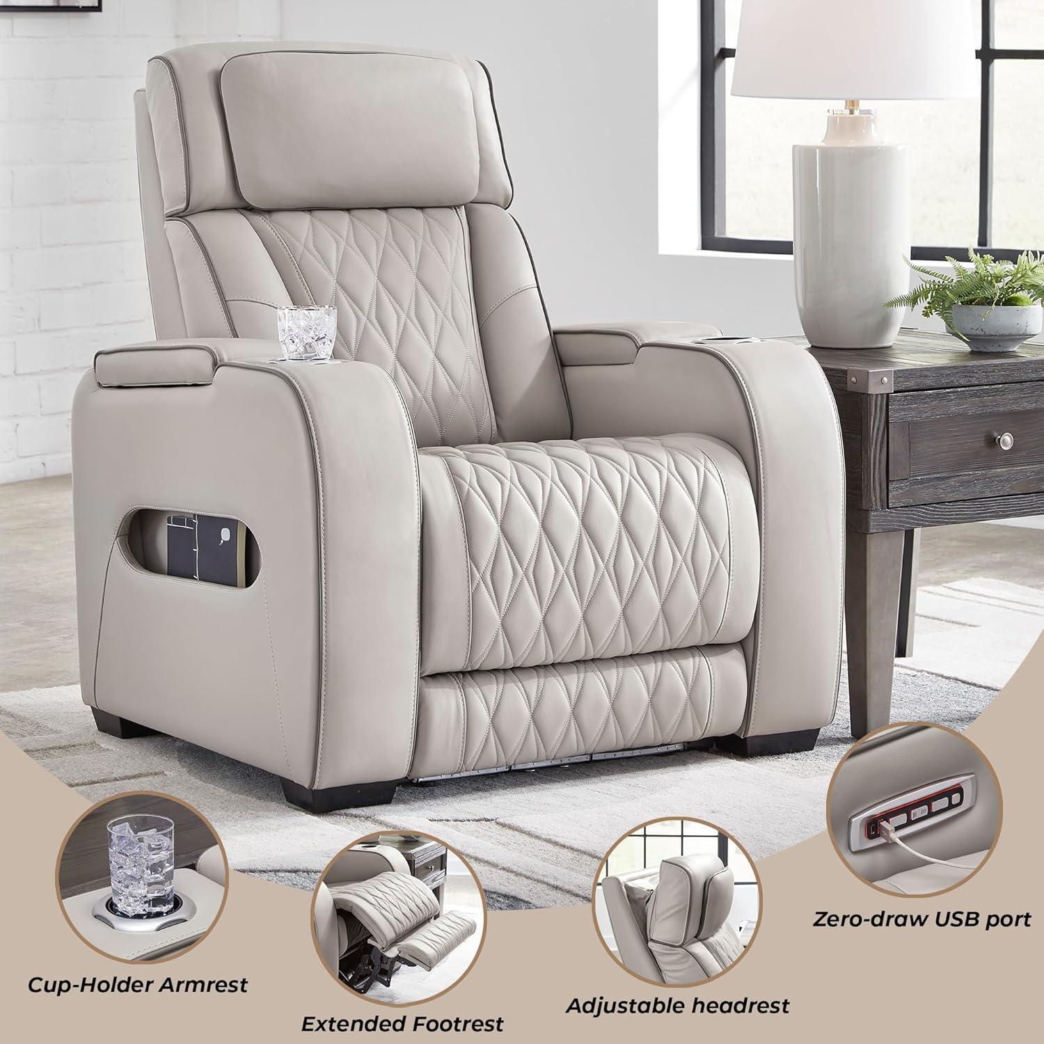 imageSignature Design by Ashley Boyington Contemporary Leather Match Power Recliner with Adjustable Headrest Cup Holders USB Port and Air Massage System BlackLight Gray