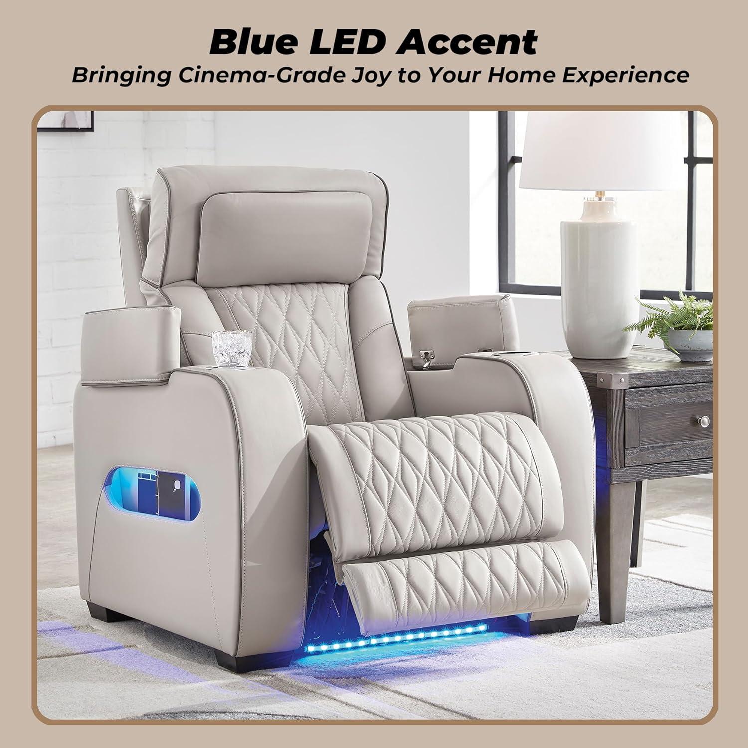 imageSignature Design by Ashley Boyington Contemporary Leather Match Power Recliner with Adjustable Headrest Cup Holders USB Port and Air Massage System BlackLight Gray