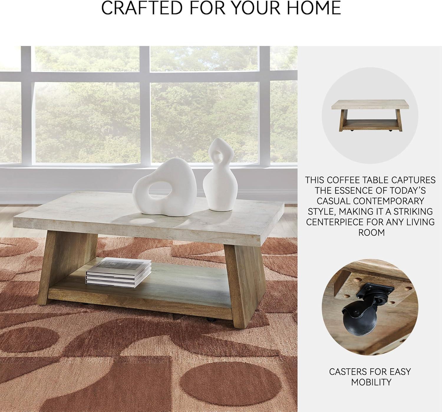 imageSignature Design by Ashley Brendalhouse Casual Coffee Table with Faux Cement Top Bottom Shelf and Casters Light Brown ampamp WhiteTwo Toned