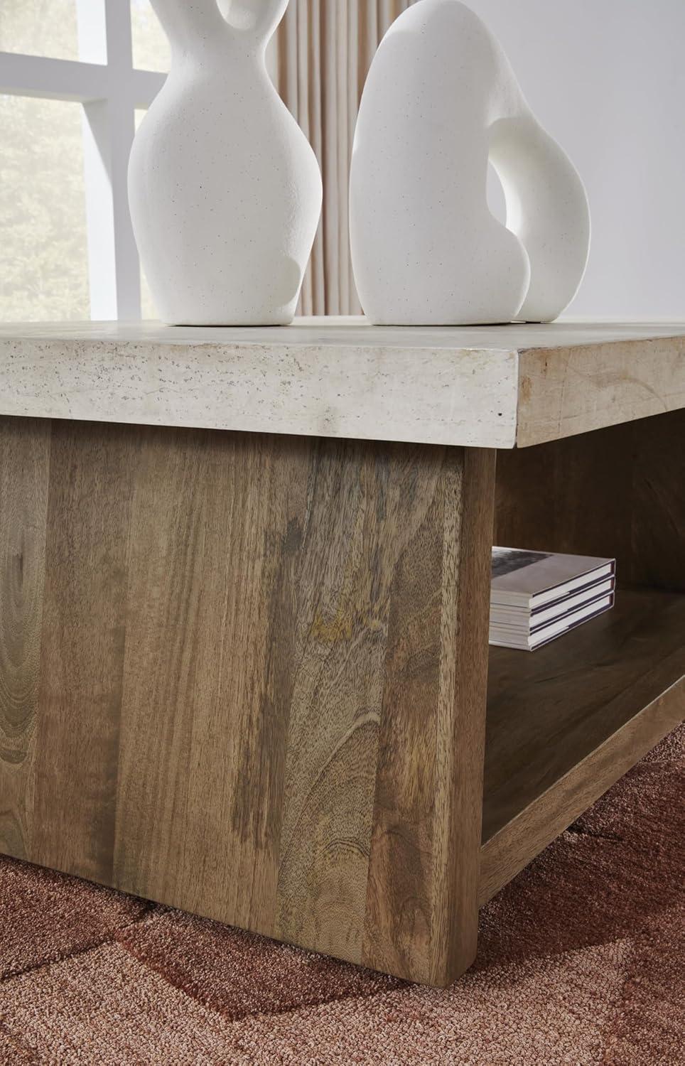 imageSignature Design by Ashley Brendalhouse Casual Coffee Table with Faux Cement Top Bottom Shelf and Casters Light Brown ampamp WhiteTwo Toned