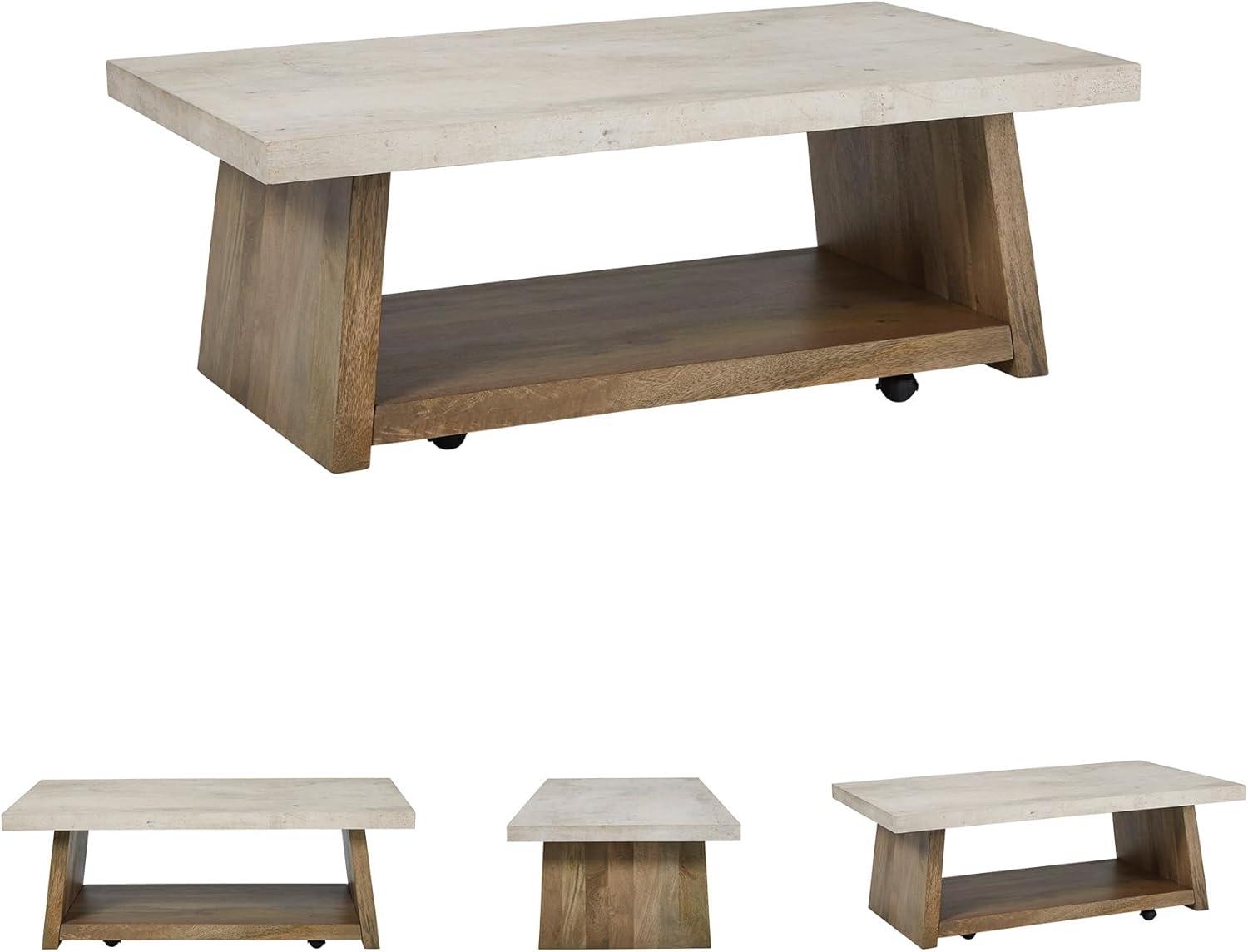 imageSignature Design by Ashley Brendalhouse Casual Coffee Table with Faux Cement Top Bottom Shelf and Casters Light Brown ampamp WhiteTwo Toned