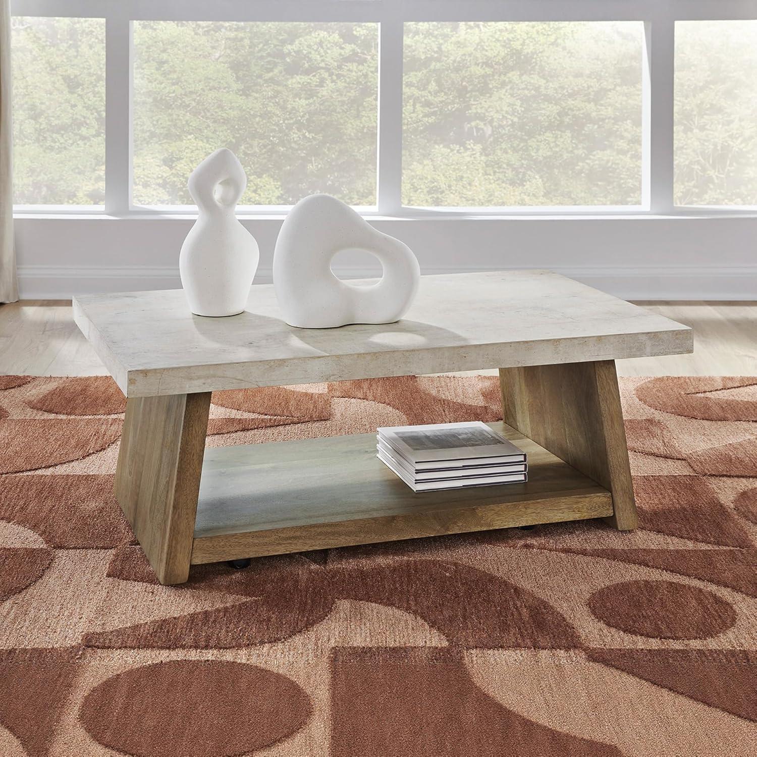 imageSignature Design by Ashley Brendalhouse Casual Coffee Table with Faux Cement Top Bottom Shelf and Casters Light Brown ampamp WhiteTwo Toned