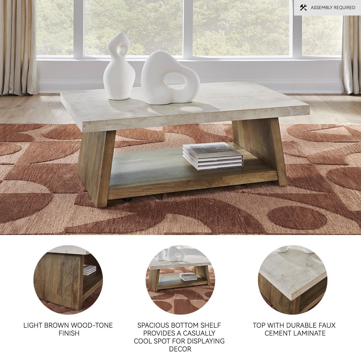 imageSignature Design by Ashley Brendalhouse Casual Coffee Table with Faux Cement Top Bottom Shelf and Casters Light Brown ampamp WhiteTwo Toned