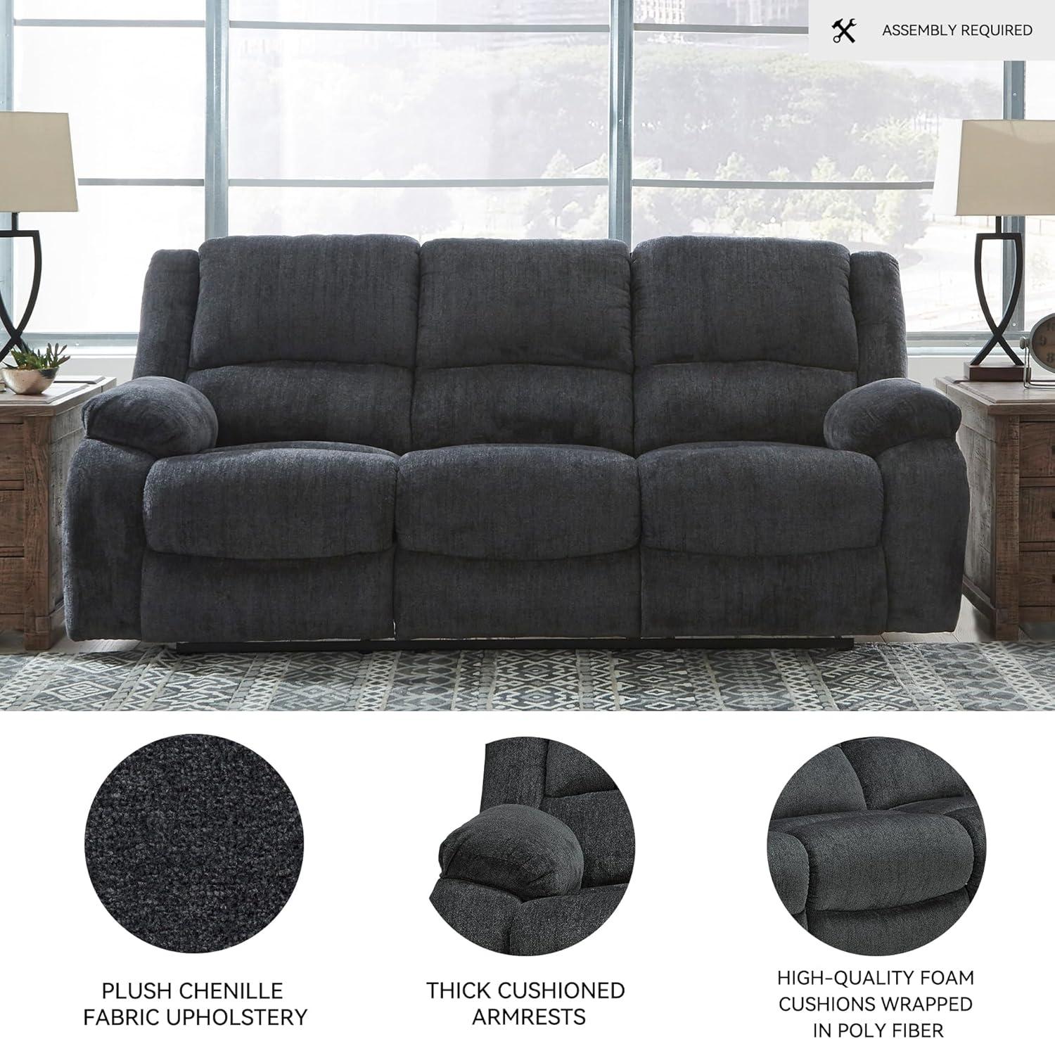 imageSignature Design by Ashley Draycoll Contemporary Manual Pull Tab Reclining Sofa Dark GrayGrey