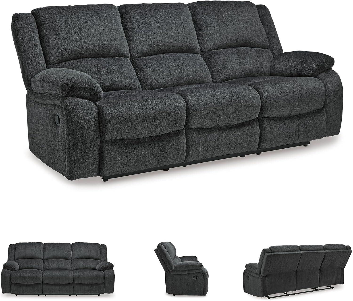imageSignature Design by Ashley Draycoll Contemporary Manual Pull Tab Reclining Sofa Dark GrayGrey