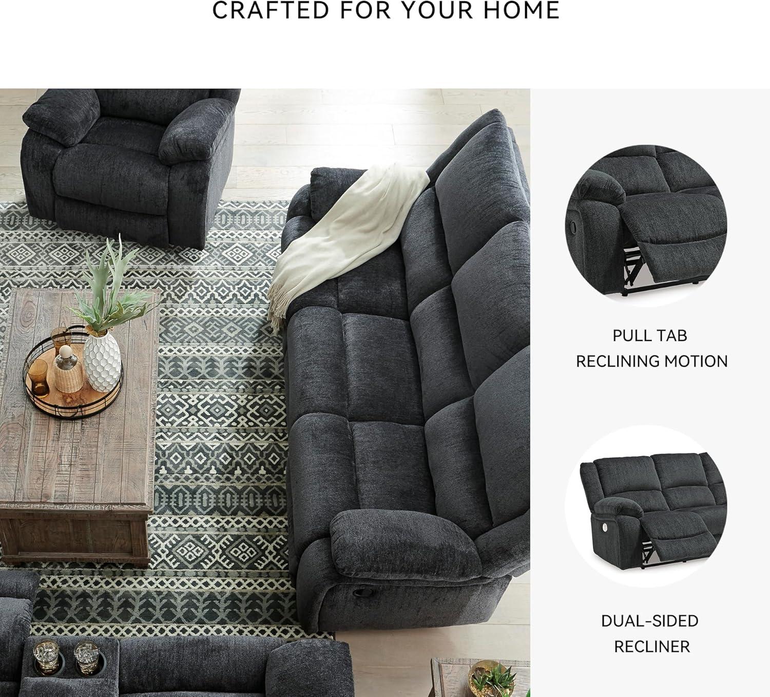 imageSignature Design by Ashley Draycoll Contemporary Manual Pull Tab Reclining Sofa Dark GrayGrey