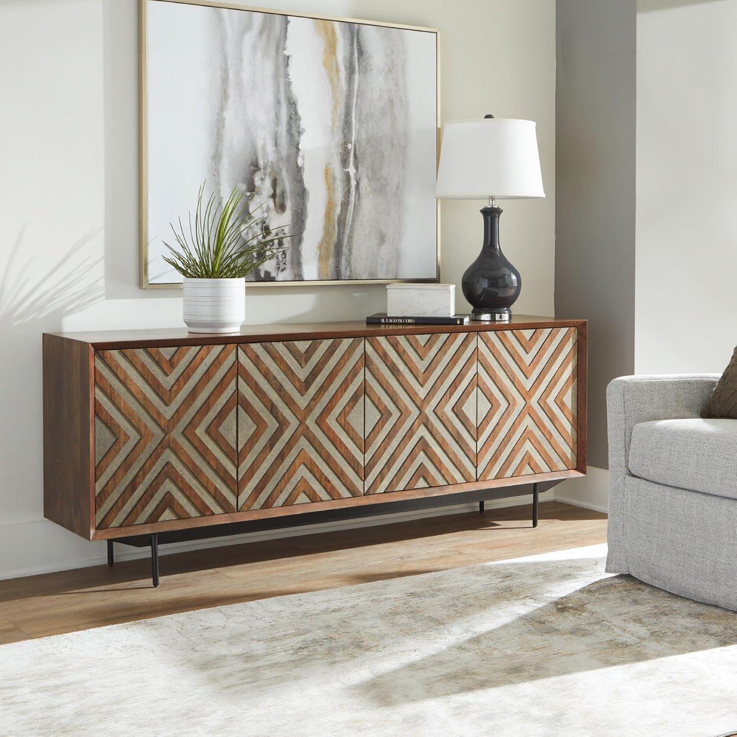 imageSignature Design by Ashley Dreggan Casual Diamond Patterned 4Door Accent Cabinet with 2 Shelves and Cord Management Dark Brown ampamp Gray