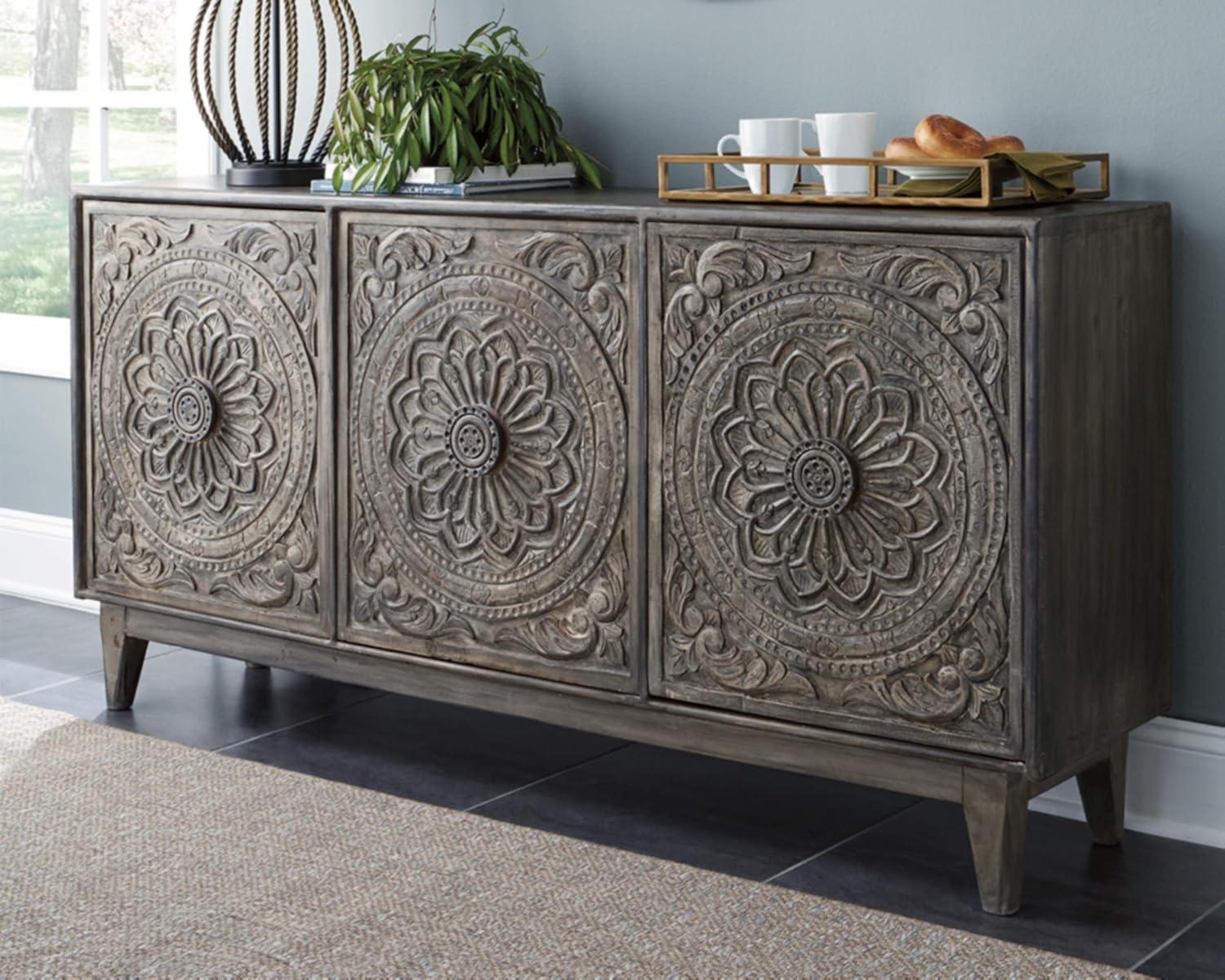 imageSignature Design by Ashley Fair Ridge Boho Hand Carved Wood Accent Cabinet or TV Stand Dark Gray