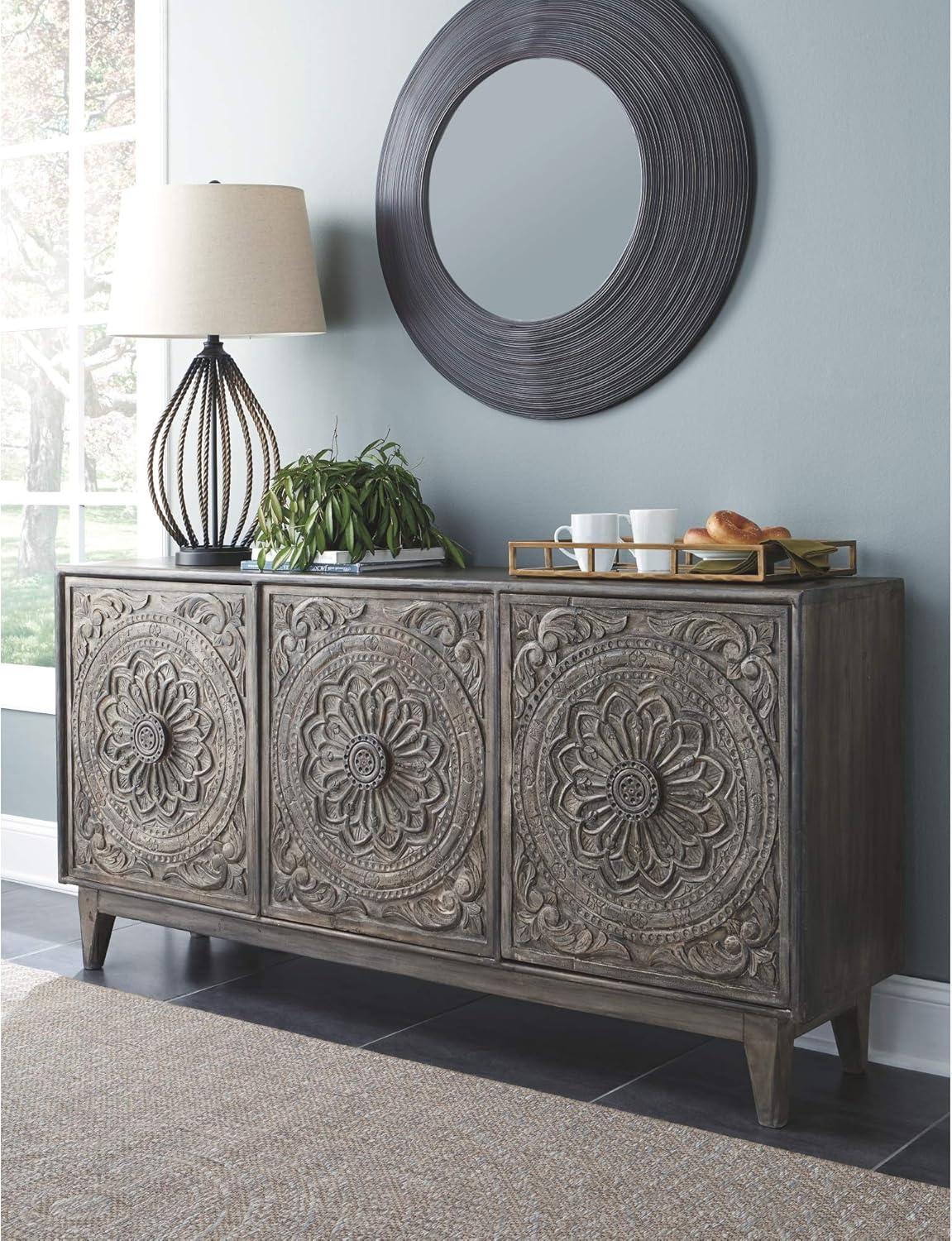 imageSignature Design by Ashley Fair Ridge Boho Hand Carved Wood Accent Cabinet or TV Stand Dark Gray