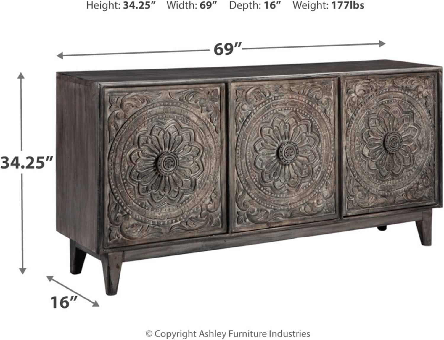 imageSignature Design by Ashley Fair Ridge Boho Hand Carved Wood Accent Cabinet or TV Stand Dark Gray