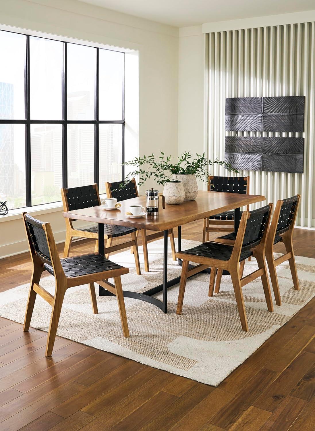 imageSignature Design by Ashley Fortmaine Modern Upholstered Armless Dining Chair with Open Back and Woven Leather Straps Set of 2 Light Brown ampamp Black