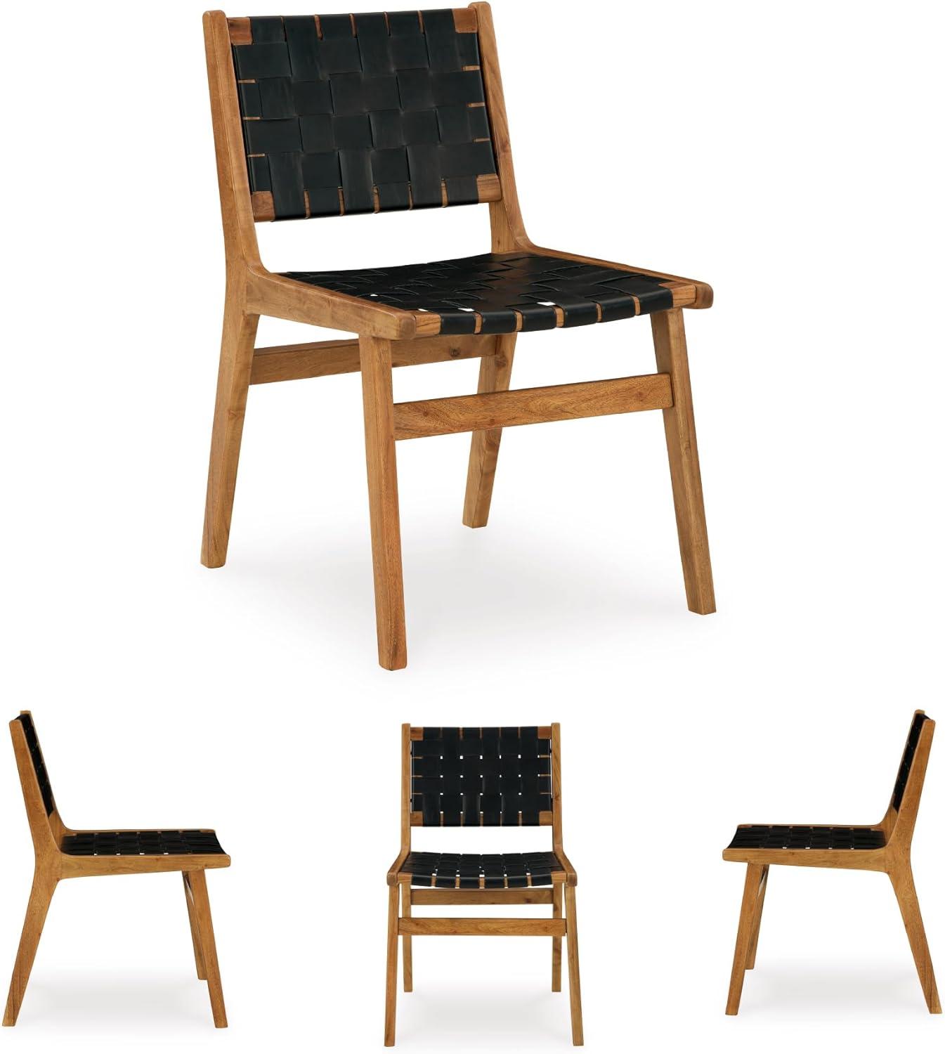 imageSignature Design by Ashley Fortmaine Modern Upholstered Armless Dining Chair with Open Back and Woven Leather Straps Set of 2 Light Brown ampamp Black