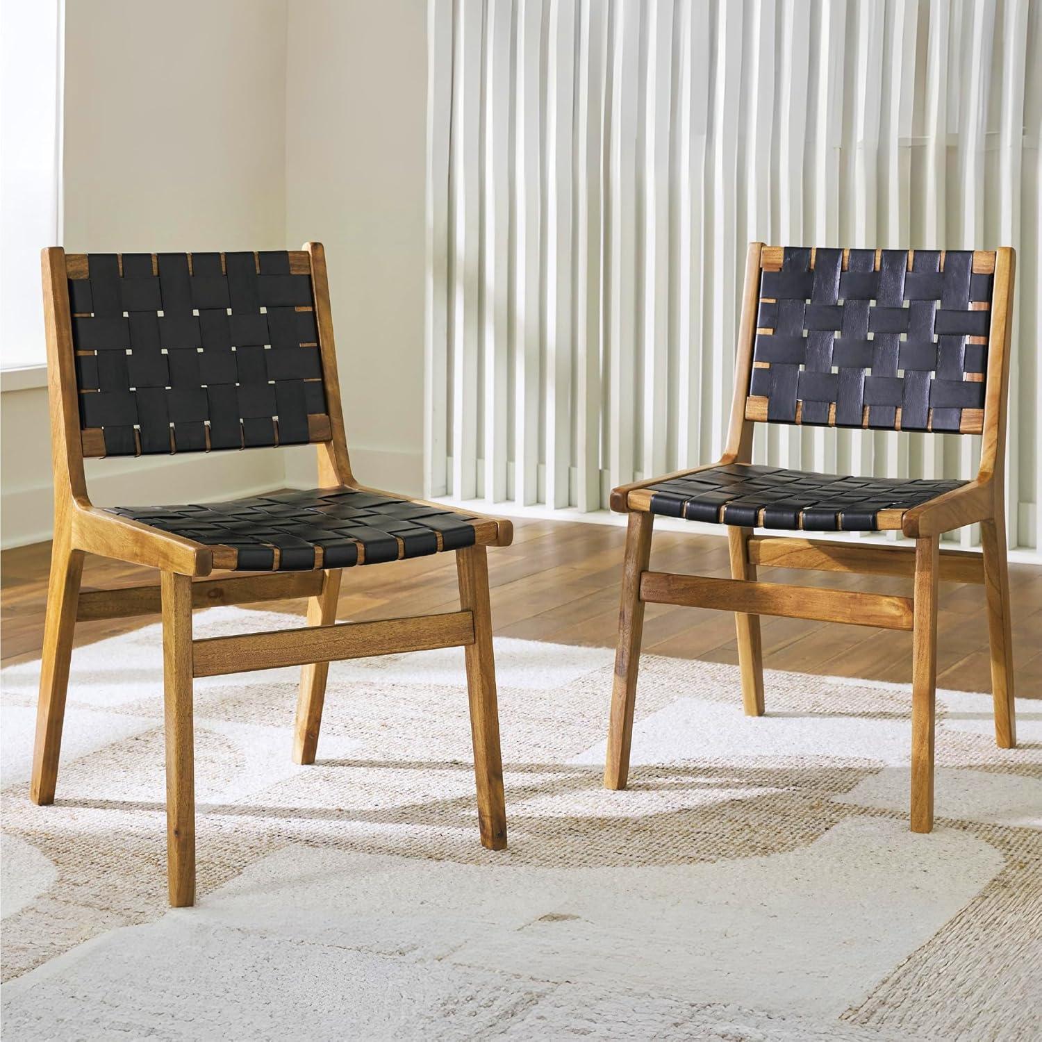 imageSignature Design by Ashley Fortmaine Modern Upholstered Armless Dining Chair with Open Back and Woven Leather Straps Set of 2 Light Brown ampamp Black