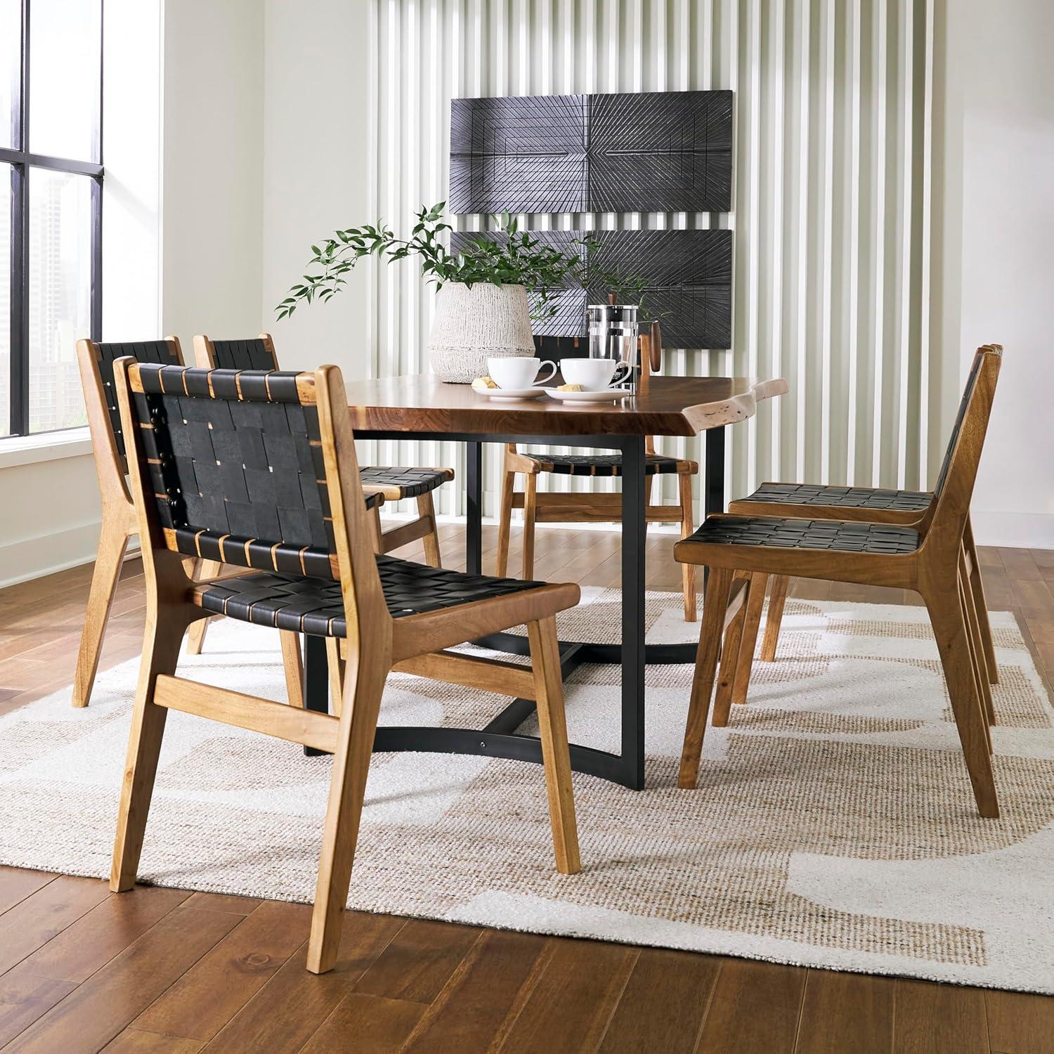 imageSignature Design by Ashley Fortmaine Modern Upholstered Armless Dining Chair with Open Back and Woven Leather Straps Set of 2 Light Brown ampamp Black