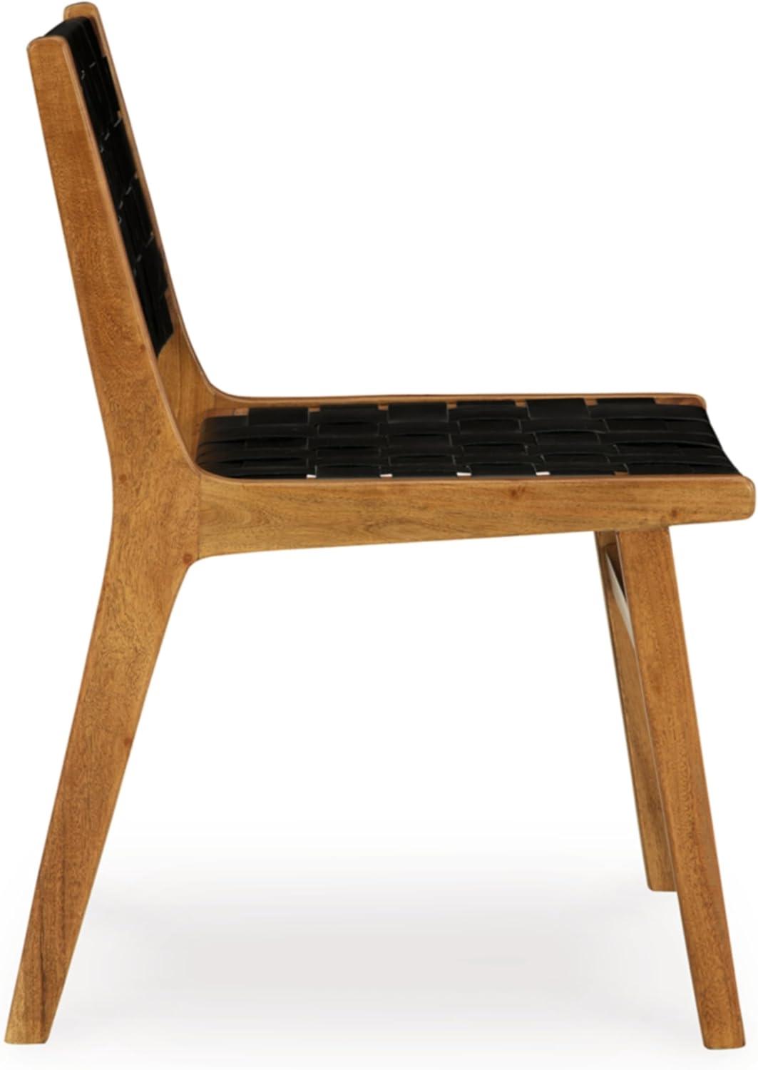 imageSignature Design by Ashley Fortmaine Modern Upholstered Armless Dining Chair with Open Back and Woven Leather Straps Set of 2 Light Brown ampamp Black