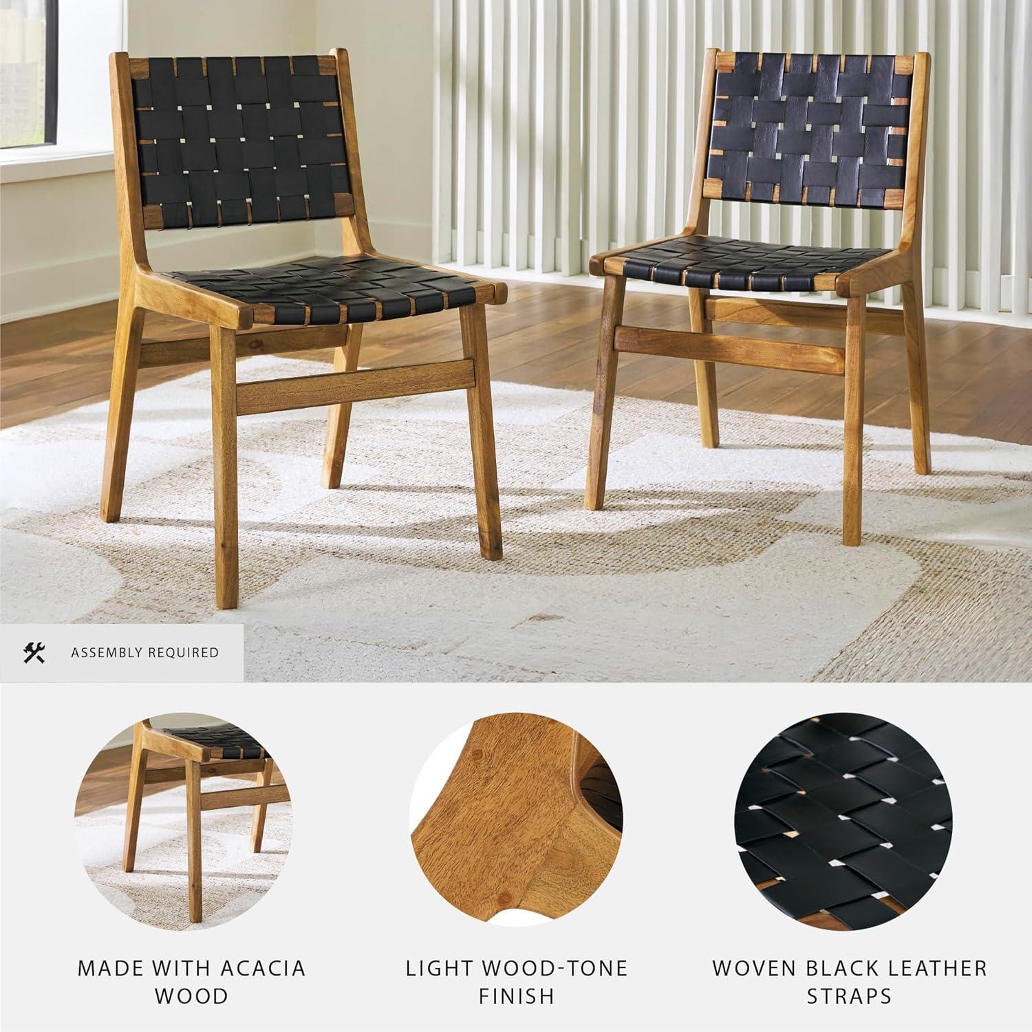 imageSignature Design by Ashley Fortmaine Modern Upholstered Armless Dining Chair with Open Back and Woven Leather Straps Set of 2 Light Brown ampamp Black