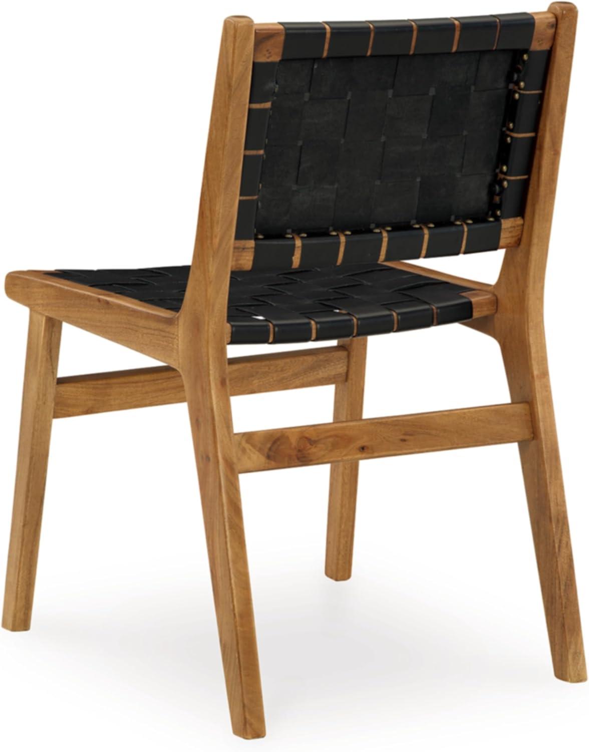 imageSignature Design by Ashley Fortmaine Modern Upholstered Armless Dining Chair with Open Back and Woven Leather Straps Set of 2 Light Brown ampamp Black