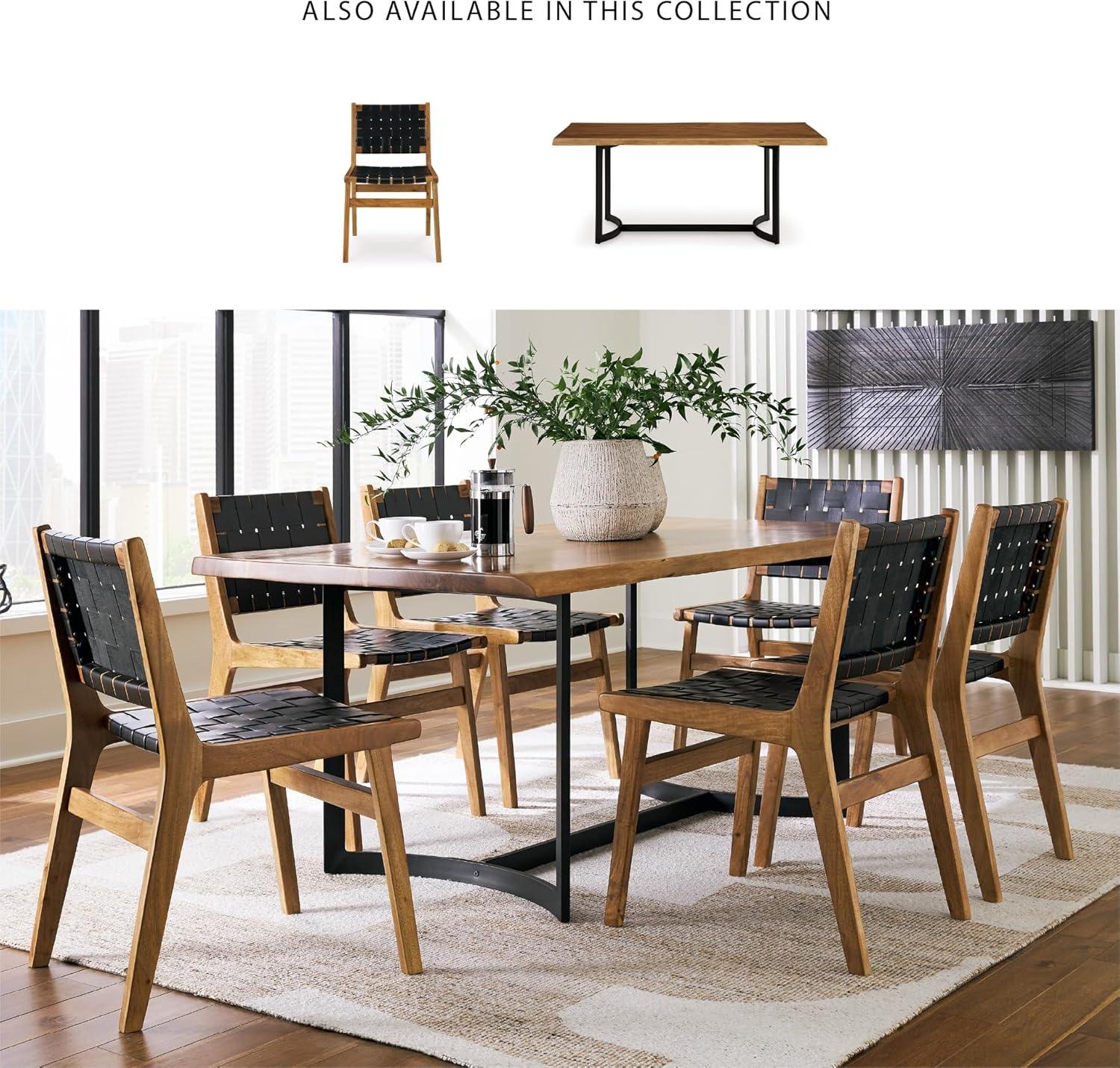 imageSignature Design by Ashley Fortmaine Modern Upholstered Armless Dining Chair with Open Back and Woven Leather Straps Set of 2 Light Brown ampamp Black