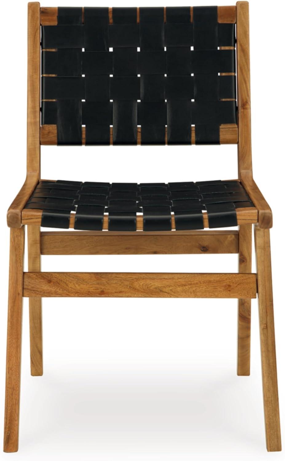 imageSignature Design by Ashley Fortmaine Modern Upholstered Armless Dining Chair with Open Back and Woven Leather Straps Set of 2 Light Brown ampamp Black