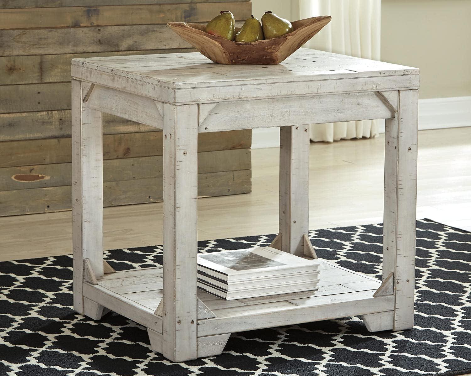 imageSignature Design by Ashley Fregine Farmhouse Rectangular End Table with Lower Open Shelf Triangle Bracket Accents Wood 2525quot High Weathered WhiteWhitewash