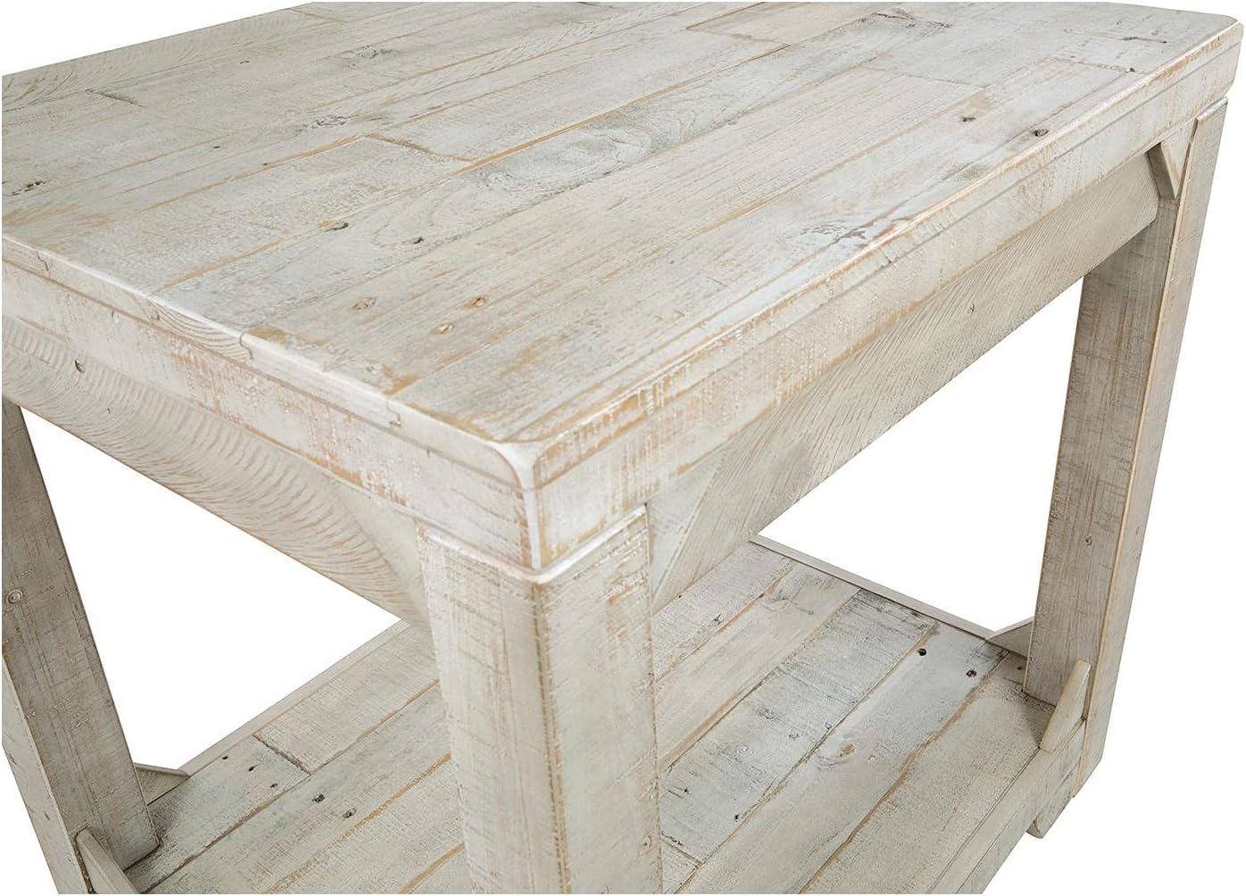 imageSignature Design by Ashley Fregine Farmhouse Rectangular End Table with Lower Open Shelf Triangle Bracket Accents Wood 2525quot High Weathered WhiteWhitewash