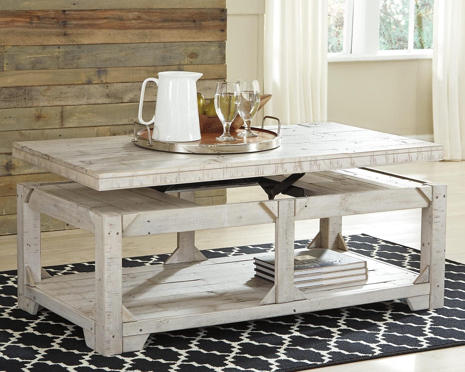 imageSignature Design by Ashley Fregine Farmhouse Rectangular Lift Top Coffee Table with Floor Shelf Whitewash with Weathered FinishWhitewash