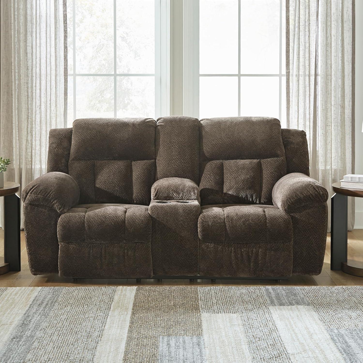 imageSignature Design by Ashley Frohn Contemporary Manual Reclining Loveseat with Console with Console Storage and Cup Holders GrayDark Brown
