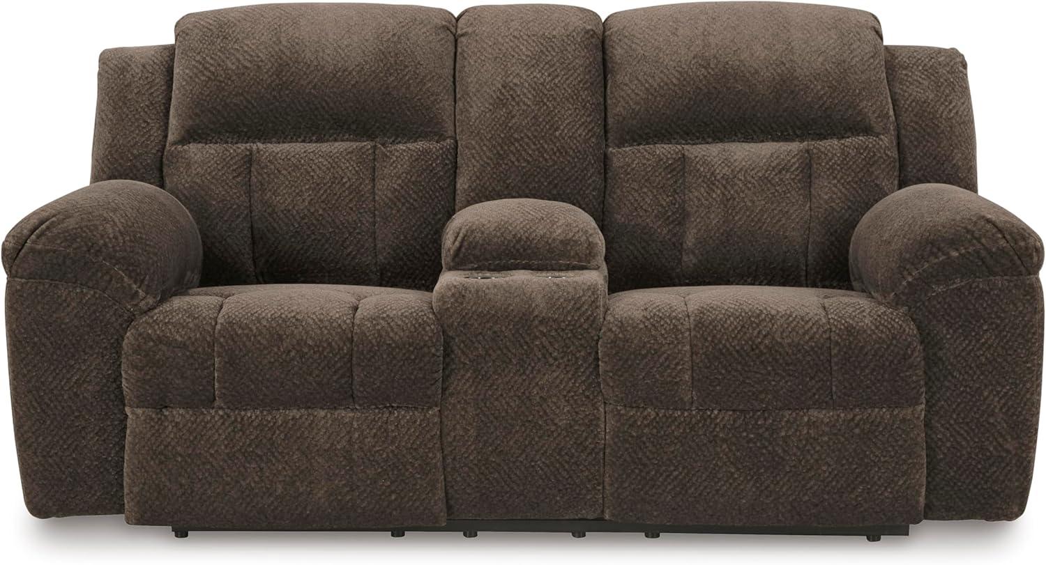 imageSignature Design by Ashley Frohn Contemporary Manual Reclining Loveseat with Console with Console Storage and Cup Holders GrayDark Brown
