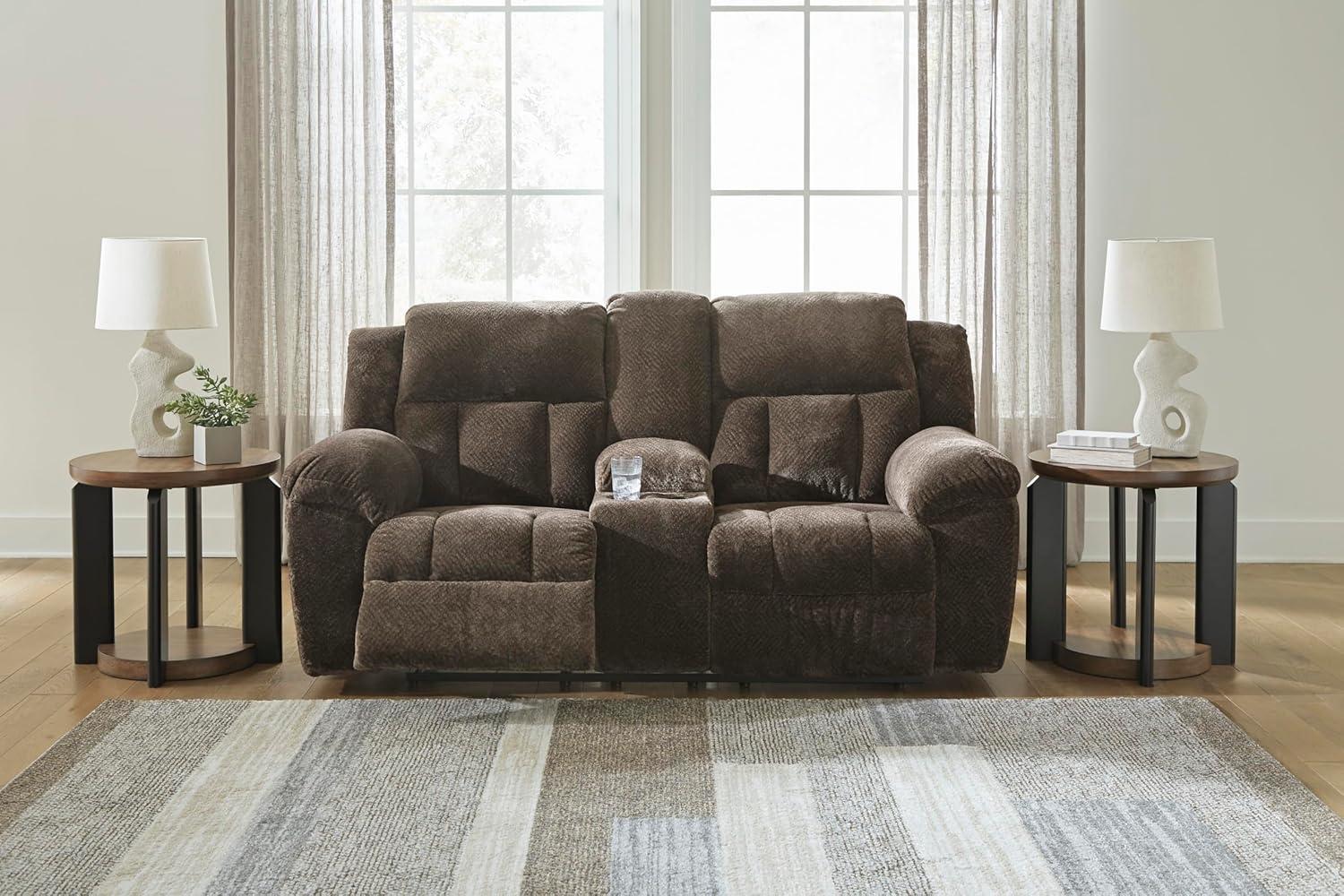 imageSignature Design by Ashley Frohn Contemporary Manual Reclining Loveseat with Console with Console Storage and Cup Holders GrayDark Brown
