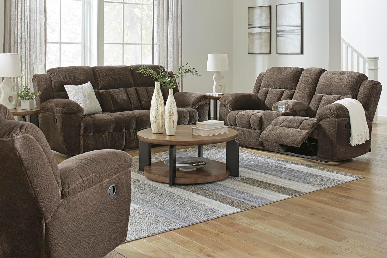 imageSignature Design by Ashley Frohn Contemporary Manual Reclining Loveseat with Console with Console Storage and Cup Holders GrayDark Brown