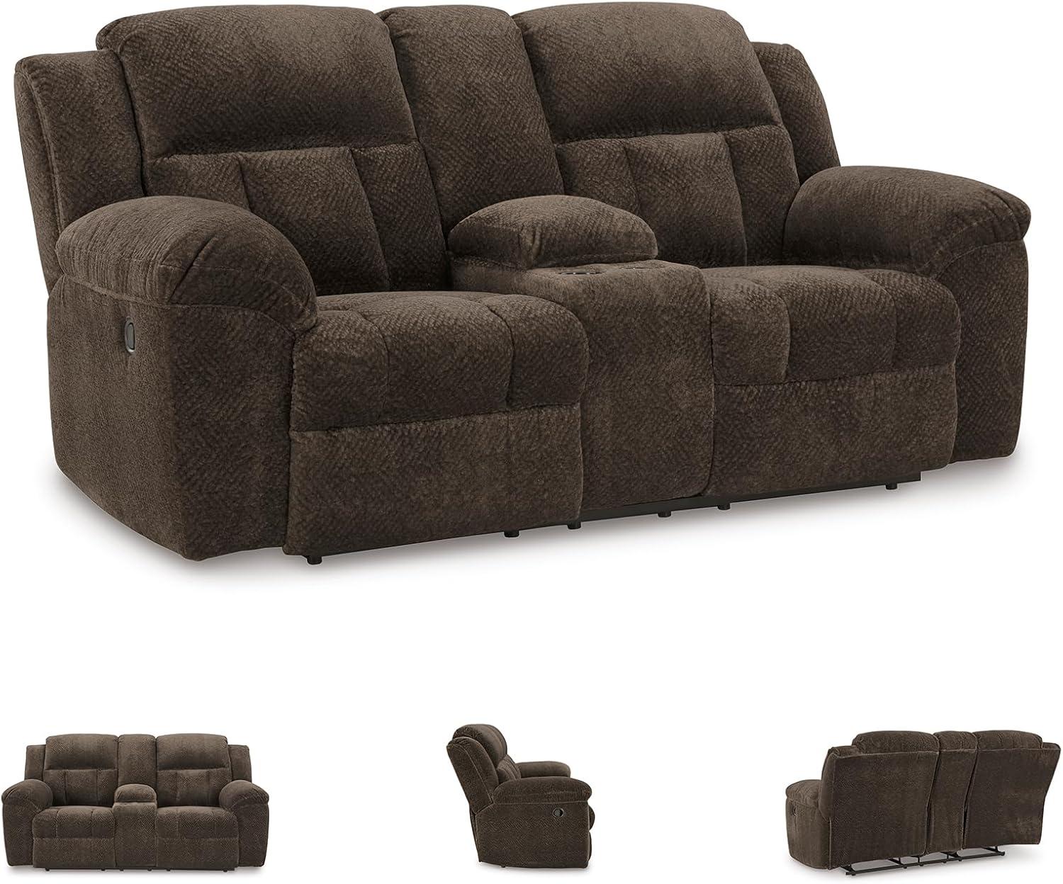 imageSignature Design by Ashley Frohn Contemporary Manual Reclining Loveseat with Console with Console Storage and Cup Holders GrayDark Brown