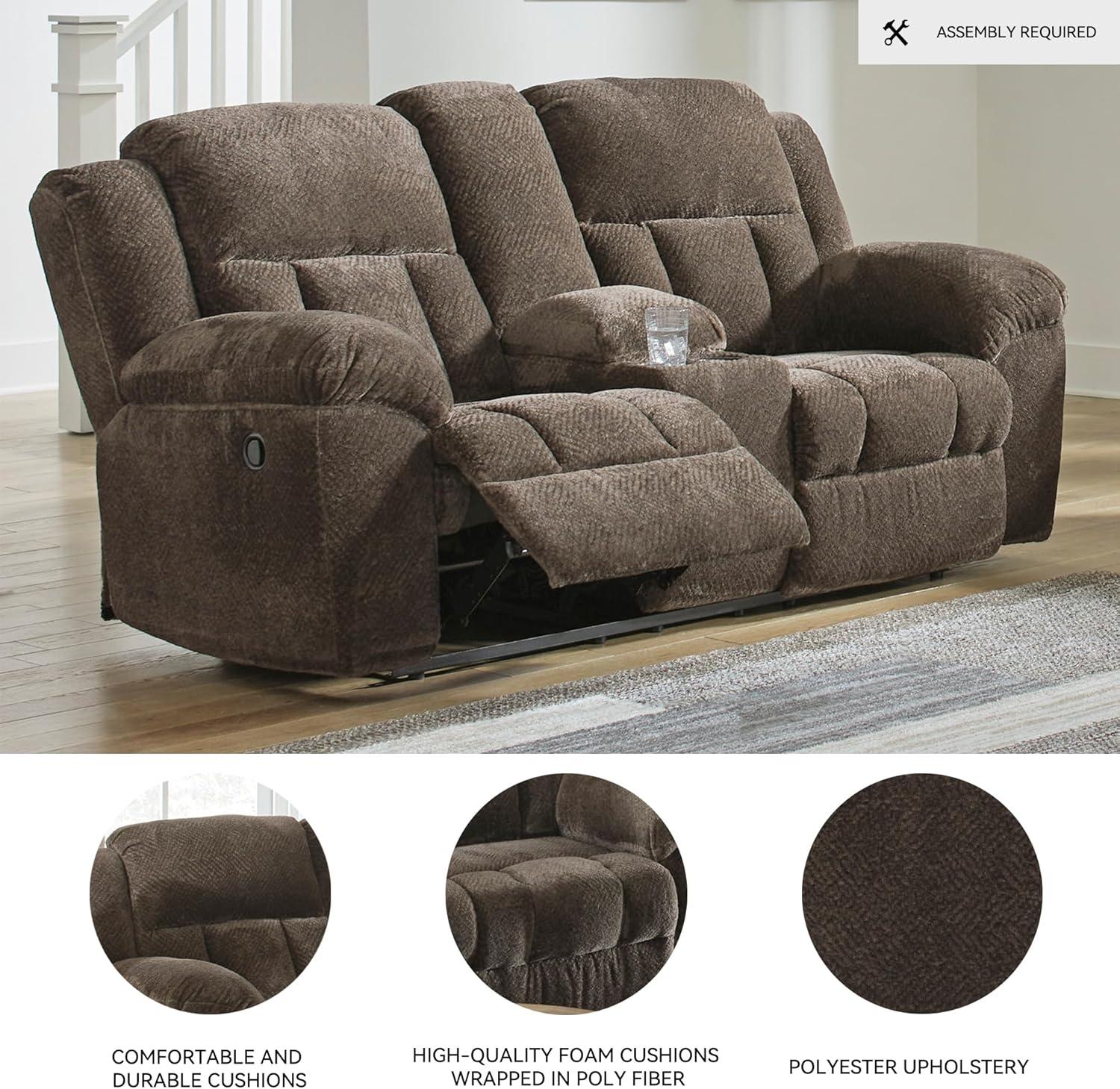 imageSignature Design by Ashley Frohn Contemporary Manual Reclining Loveseat with Console with Console Storage and Cup Holders GrayDark Brown