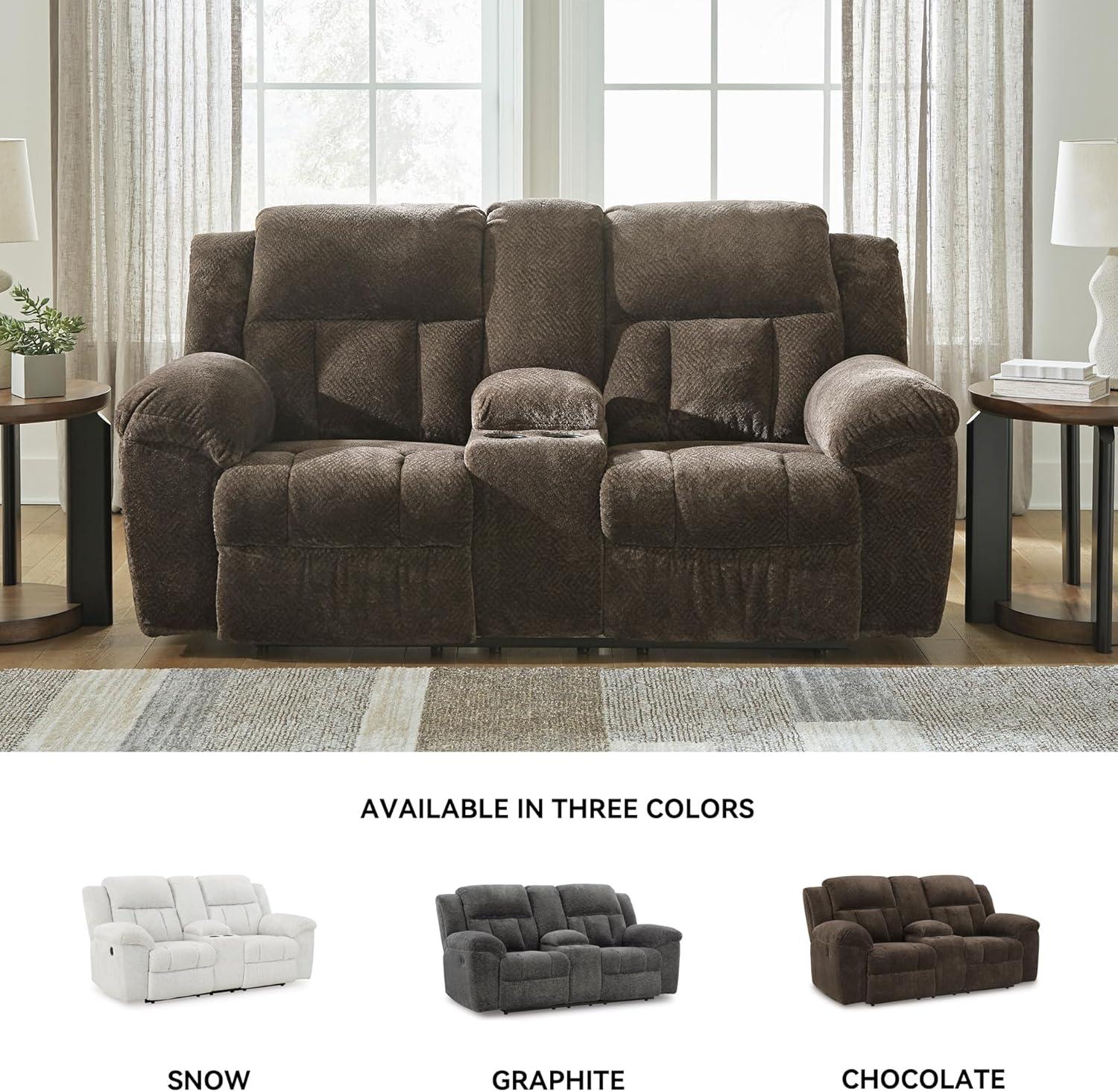 imageSignature Design by Ashley Frohn Contemporary Manual Reclining Loveseat with Console with Console Storage and Cup Holders GrayDark Brown