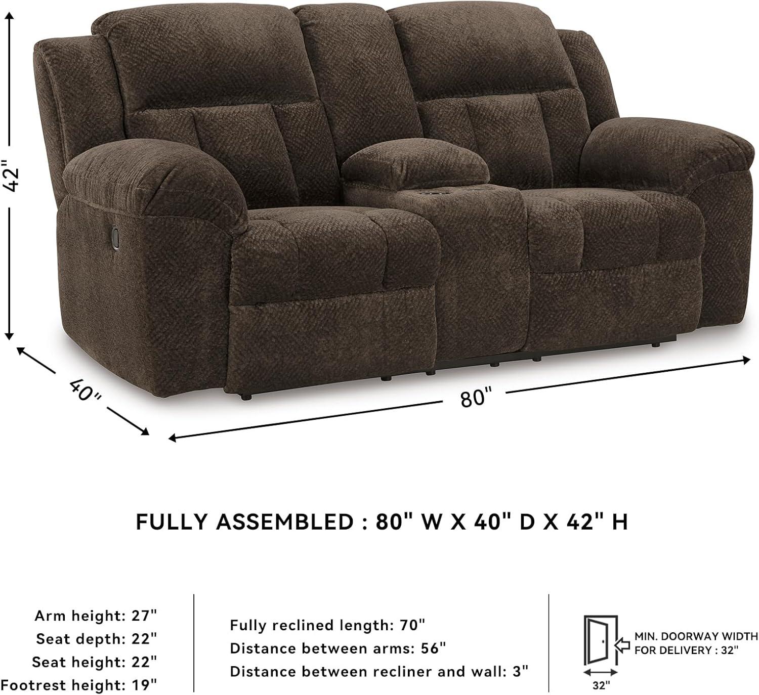 imageSignature Design by Ashley Frohn Contemporary Manual Reclining Loveseat with Console with Console Storage and Cup Holders GrayDark Brown