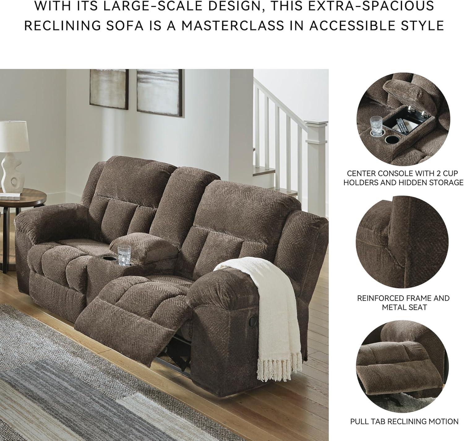 imageSignature Design by Ashley Frohn Contemporary Manual Reclining Loveseat with Console with Console Storage and Cup Holders GrayDark Brown