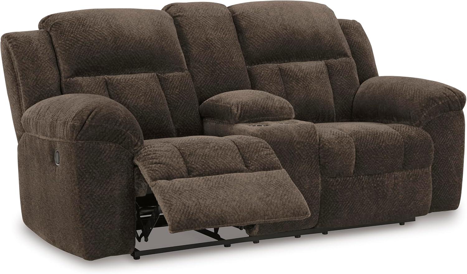 imageSignature Design by Ashley Frohn Contemporary Manual Reclining Loveseat with Console with Console Storage and Cup Holders GrayDark Brown