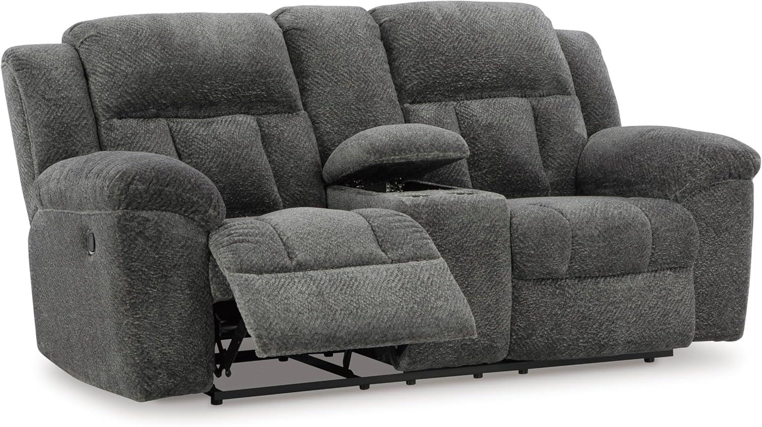 imageSignature Design by Ashley Frohn Contemporary Manual Reclining Loveseat with Console with Console Storage and Cup Holders GrayGrey