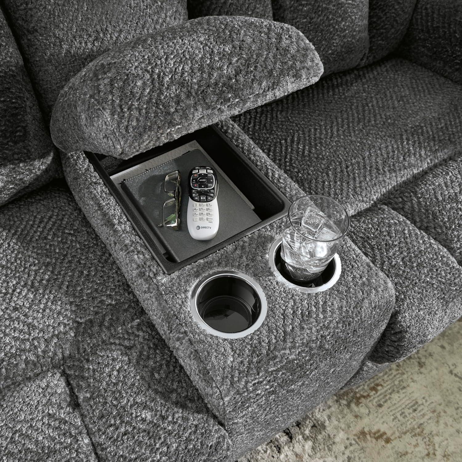imageSignature Design by Ashley Frohn Contemporary Manual Reclining Loveseat with Console with Console Storage and Cup Holders GrayGrey