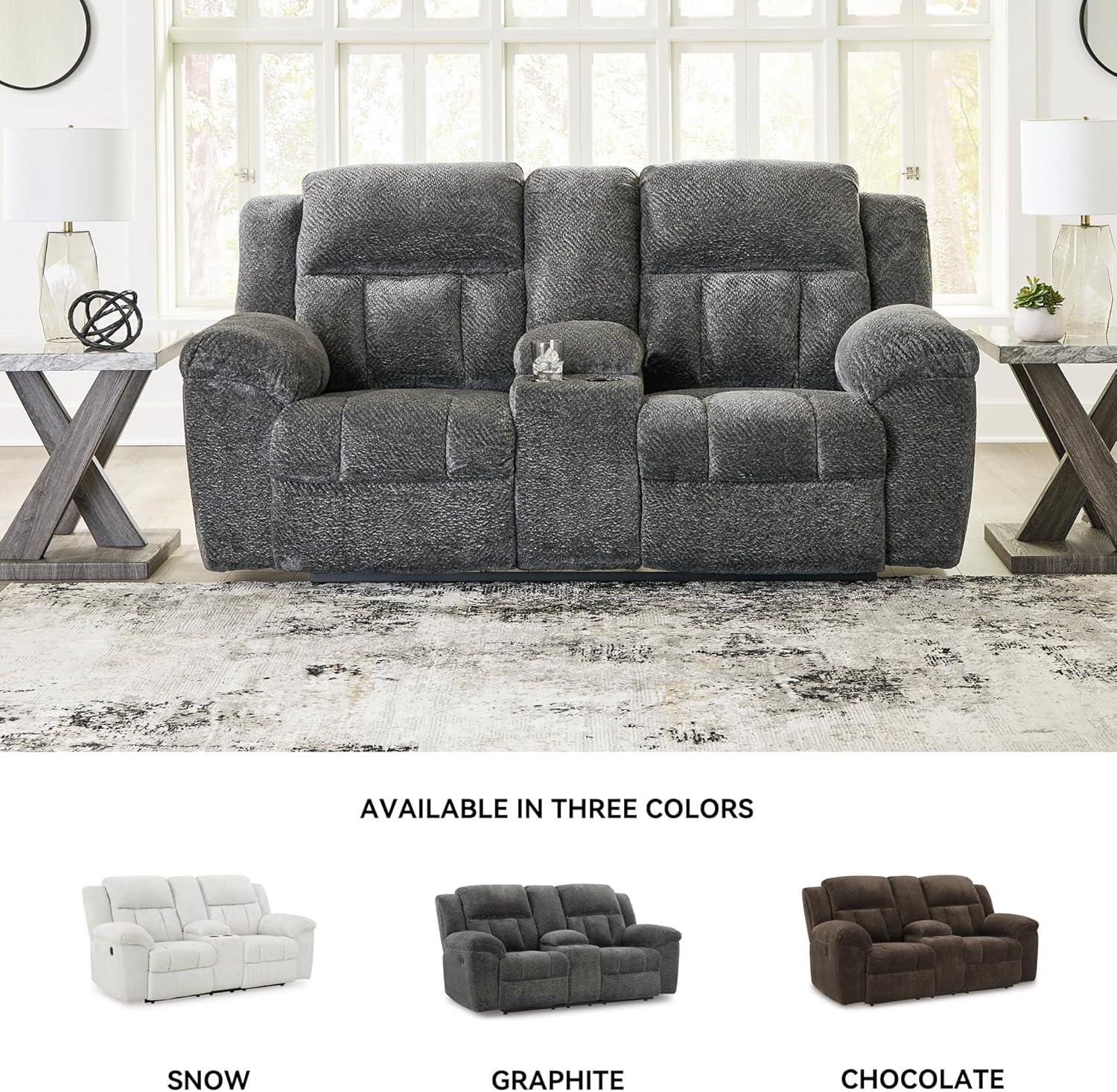 imageSignature Design by Ashley Frohn Contemporary Manual Reclining Loveseat with Console with Console Storage and Cup Holders GrayGrey