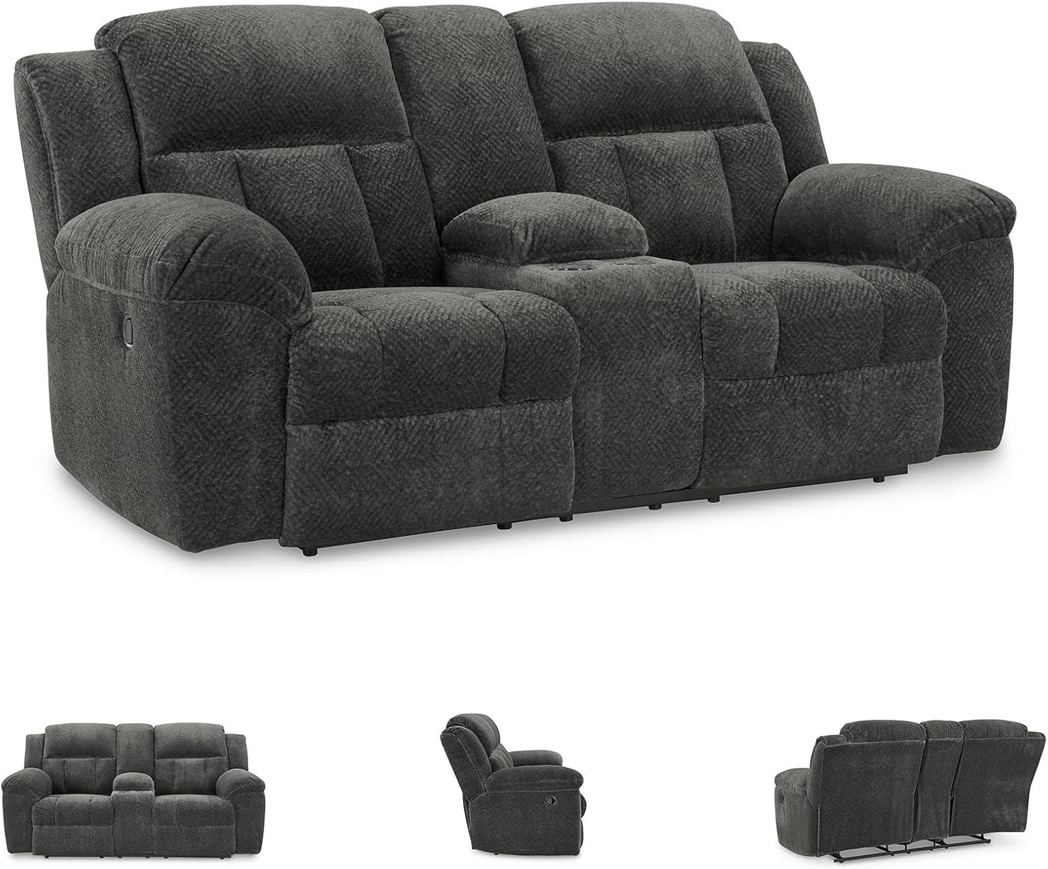 imageSignature Design by Ashley Frohn Contemporary Manual Reclining Loveseat with Console with Console Storage and Cup Holders GrayGrey