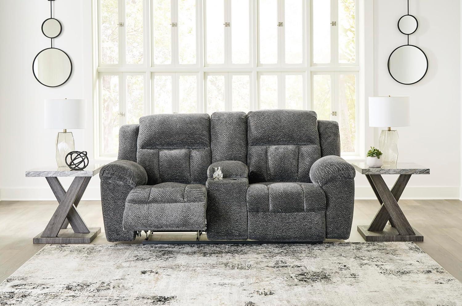 imageSignature Design by Ashley Frohn Contemporary Manual Reclining Loveseat with Console with Console Storage and Cup Holders GrayGrey