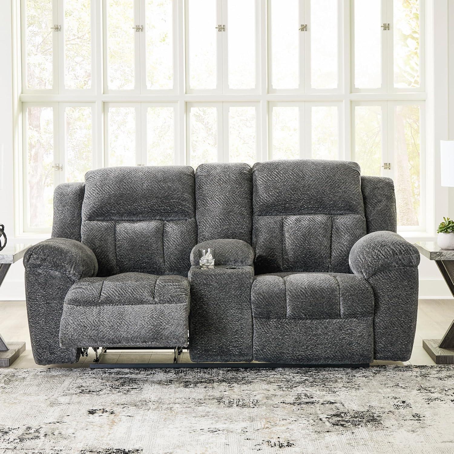 imageSignature Design by Ashley Frohn Contemporary Manual Reclining Loveseat with Console with Console Storage and Cup Holders GrayGrey