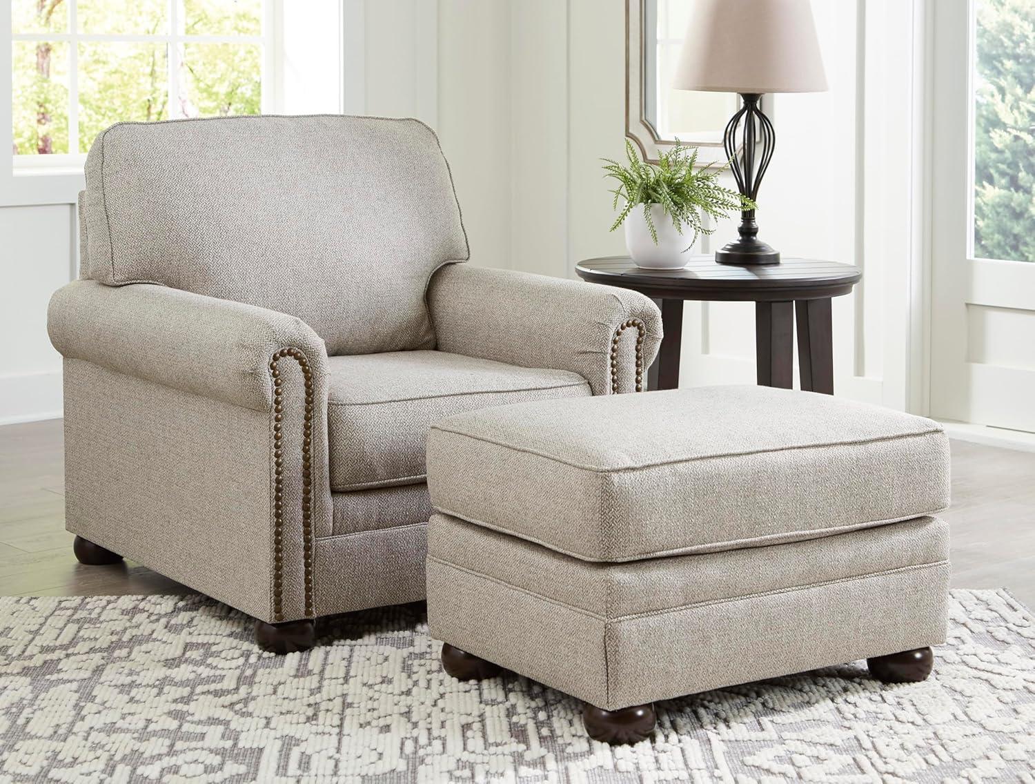 imageSignature Design by Ashley Gaelon Transitional 2in1 Sofa Sleeper with Folding Gel Memory Foam Mattress Nailheads and 2 Accent Pillows Queen BeigeChair