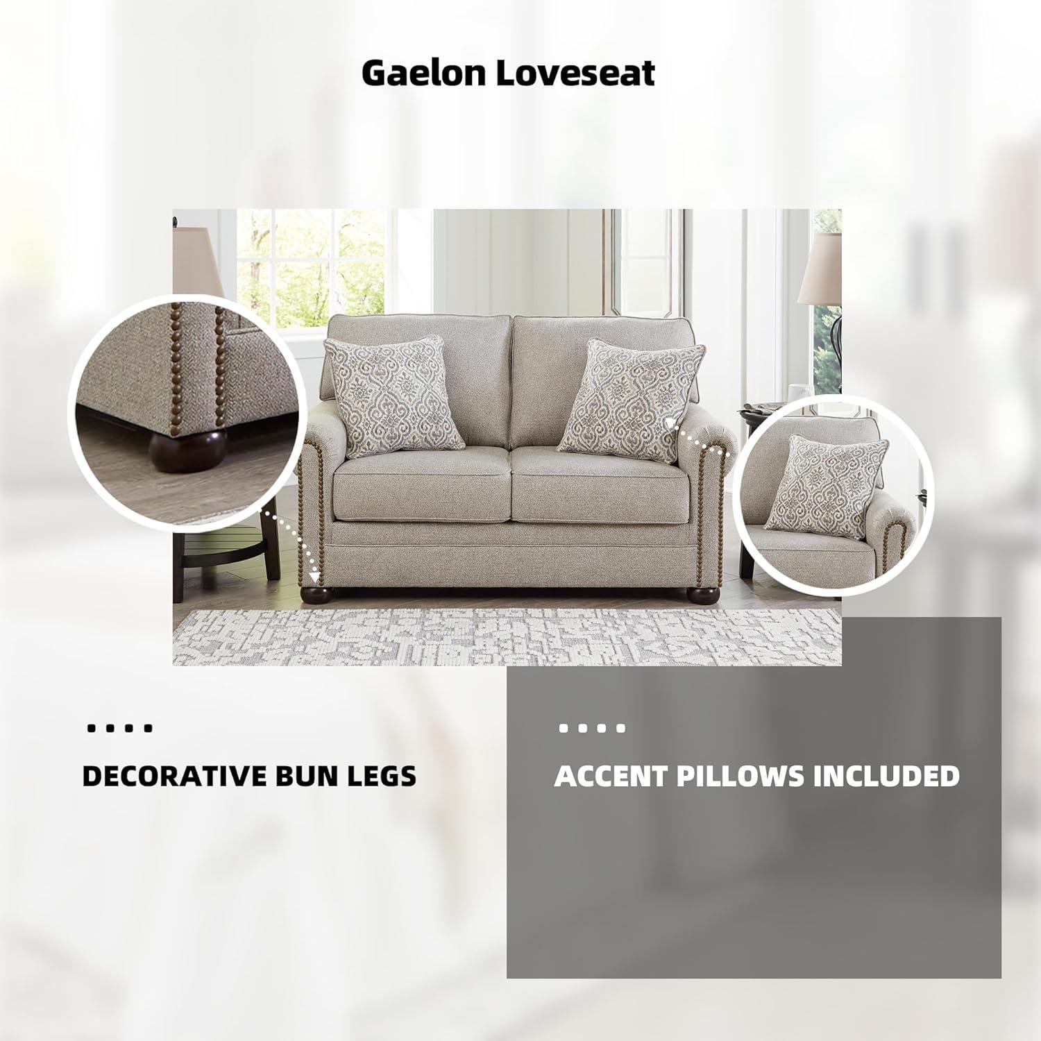 imageSignature Design by Ashley Gaelon Transitional 2in1 Sofa Sleeper with Folding Gel Memory Foam Mattress Nailheads and 2 Accent Pillows Queen BeigeLoveseat