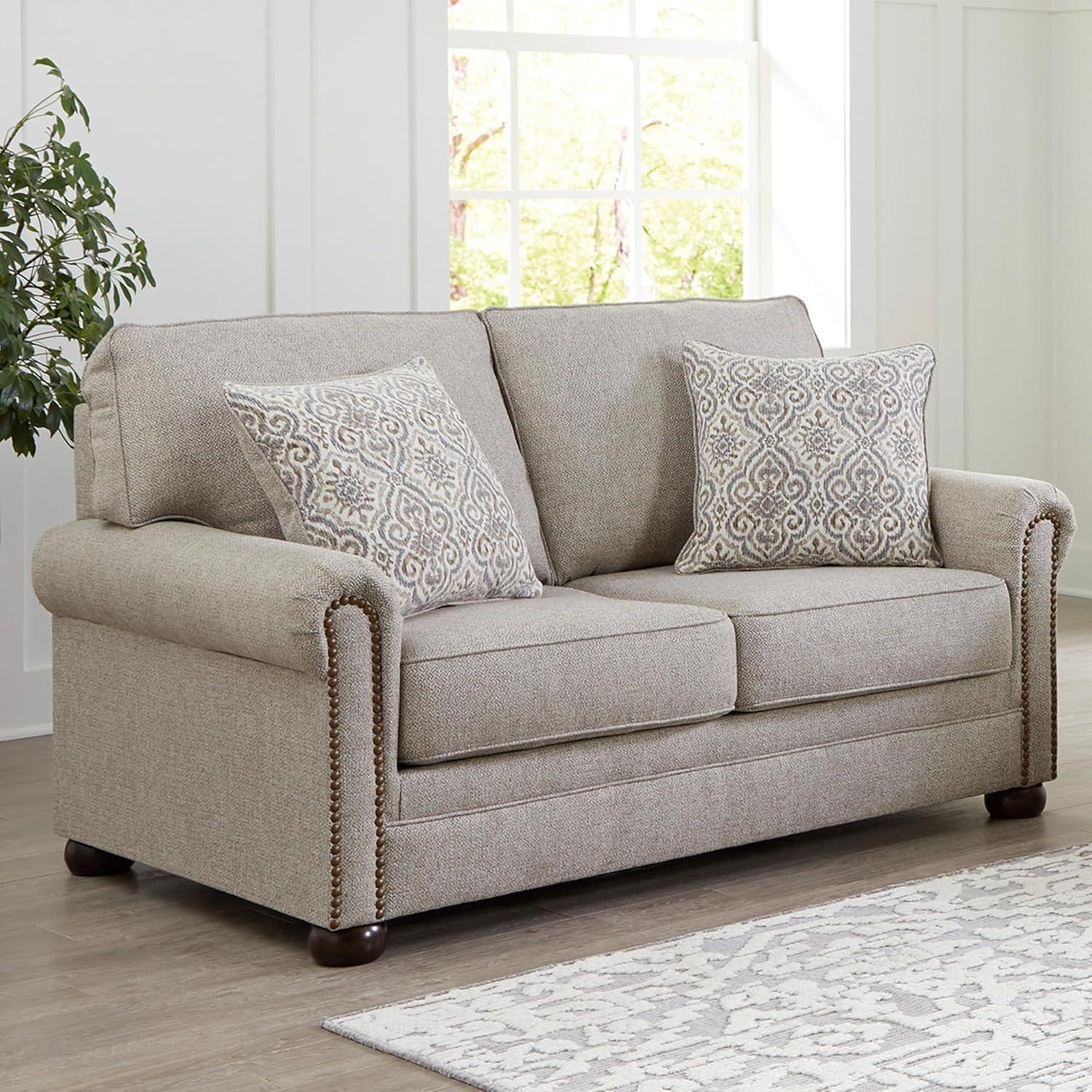 imageSignature Design by Ashley Gaelon Transitional 2in1 Sofa Sleeper with Folding Gel Memory Foam Mattress Nailheads and 2 Accent Pillows Queen BeigeLoveseat